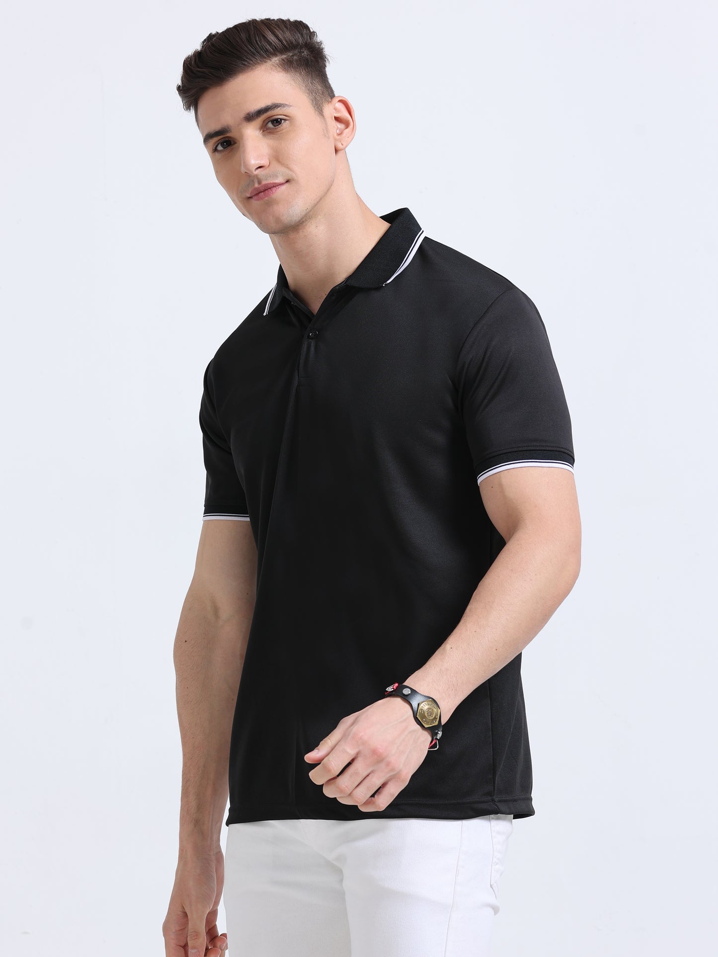 Black Polo Regular Fit Solid T-shirt For Men