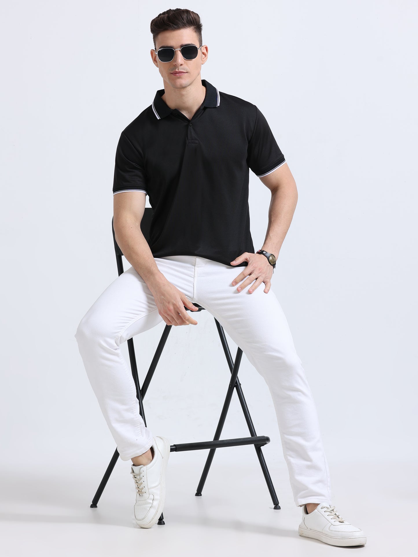 Black Polo Regular Fit Solid T-shirt For Men