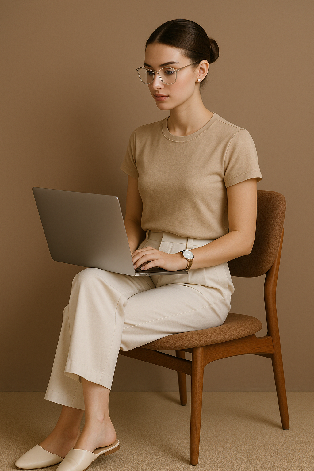 Woman sitting on a wooden chair using a laptop against a brown background