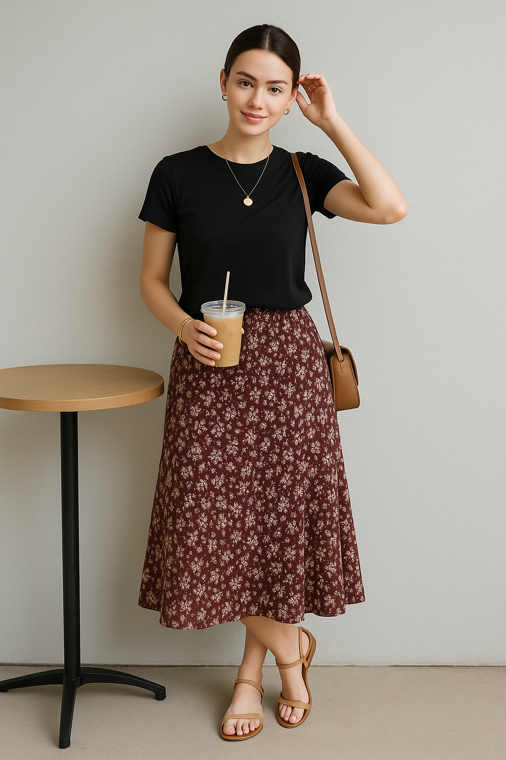 Woman in black top and floral skirt holding a drink, standing next to a small table.