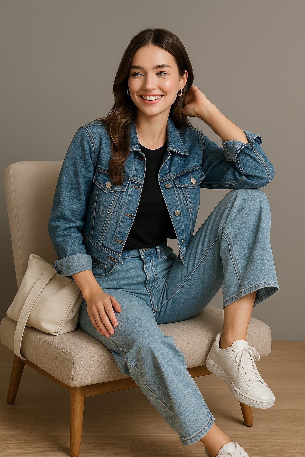 Woman sitting on a chair wearing a denim jacket and jeans, smiling.