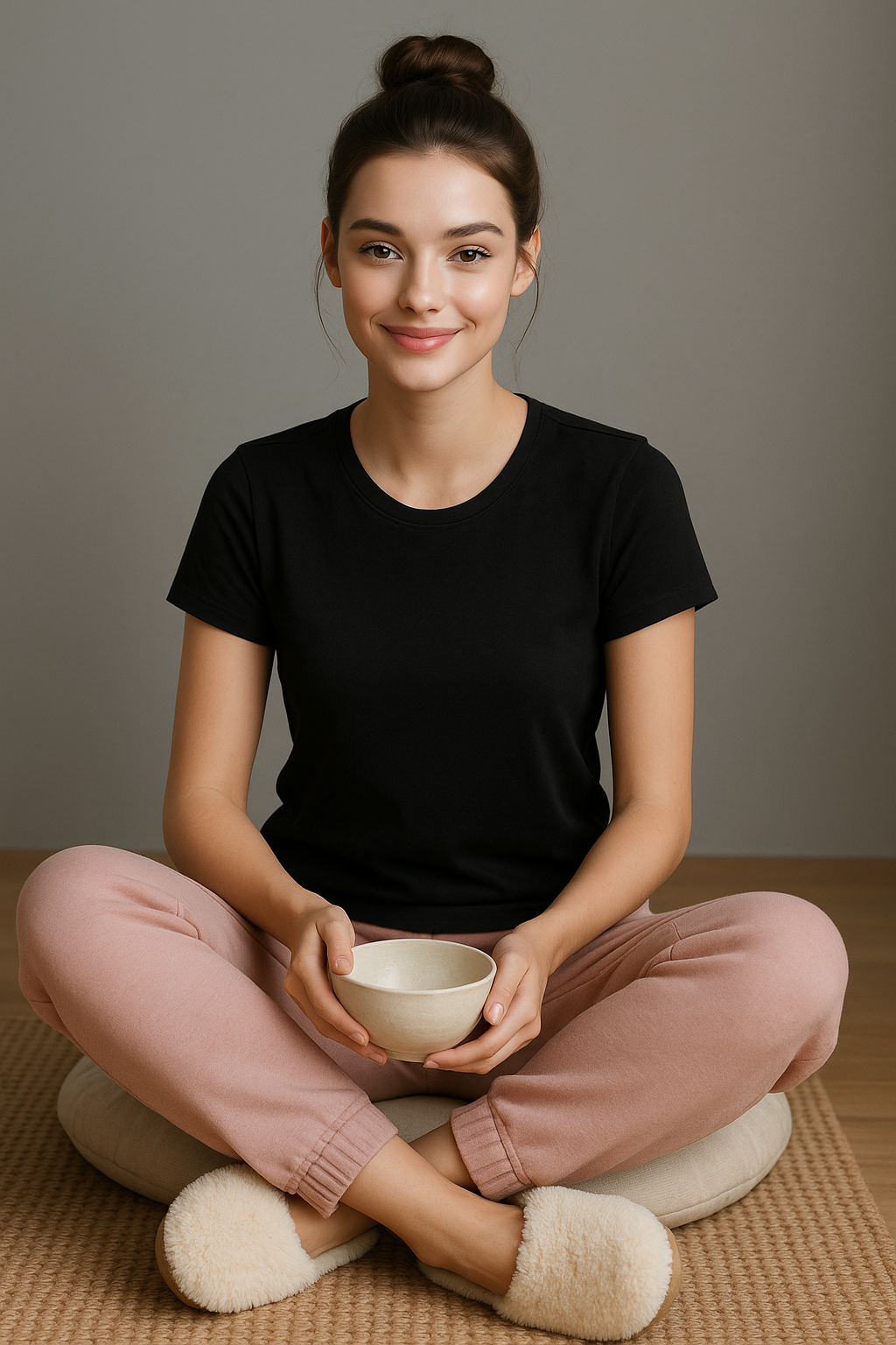 Woman sitting cross-legged holding a bowl on a wooden floor with a neutral background