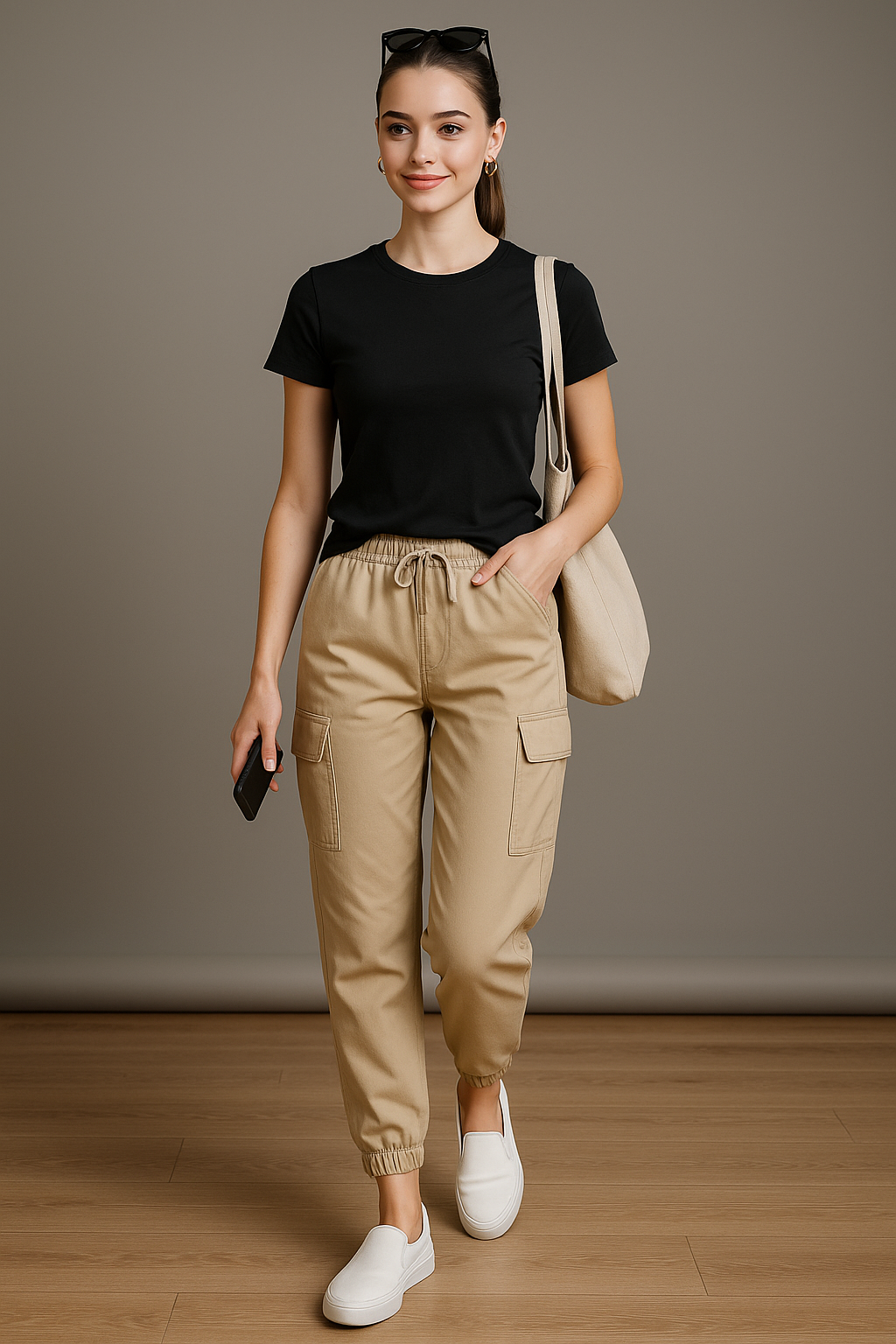 Woman wearing a black t-shirt, beige cargo pants, and white shoes, holding a beige bag.