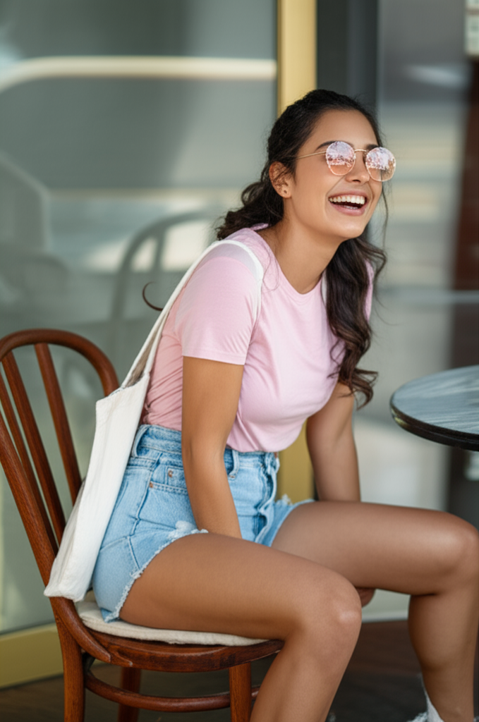Woman sitting on a chair wearing a pink shirt and denim shorts, with a white bag over her shoulder.