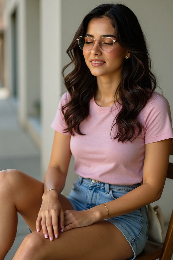 Woman sitting on a chair wearing a pink shirt and denim shorts, with a blurred street background.