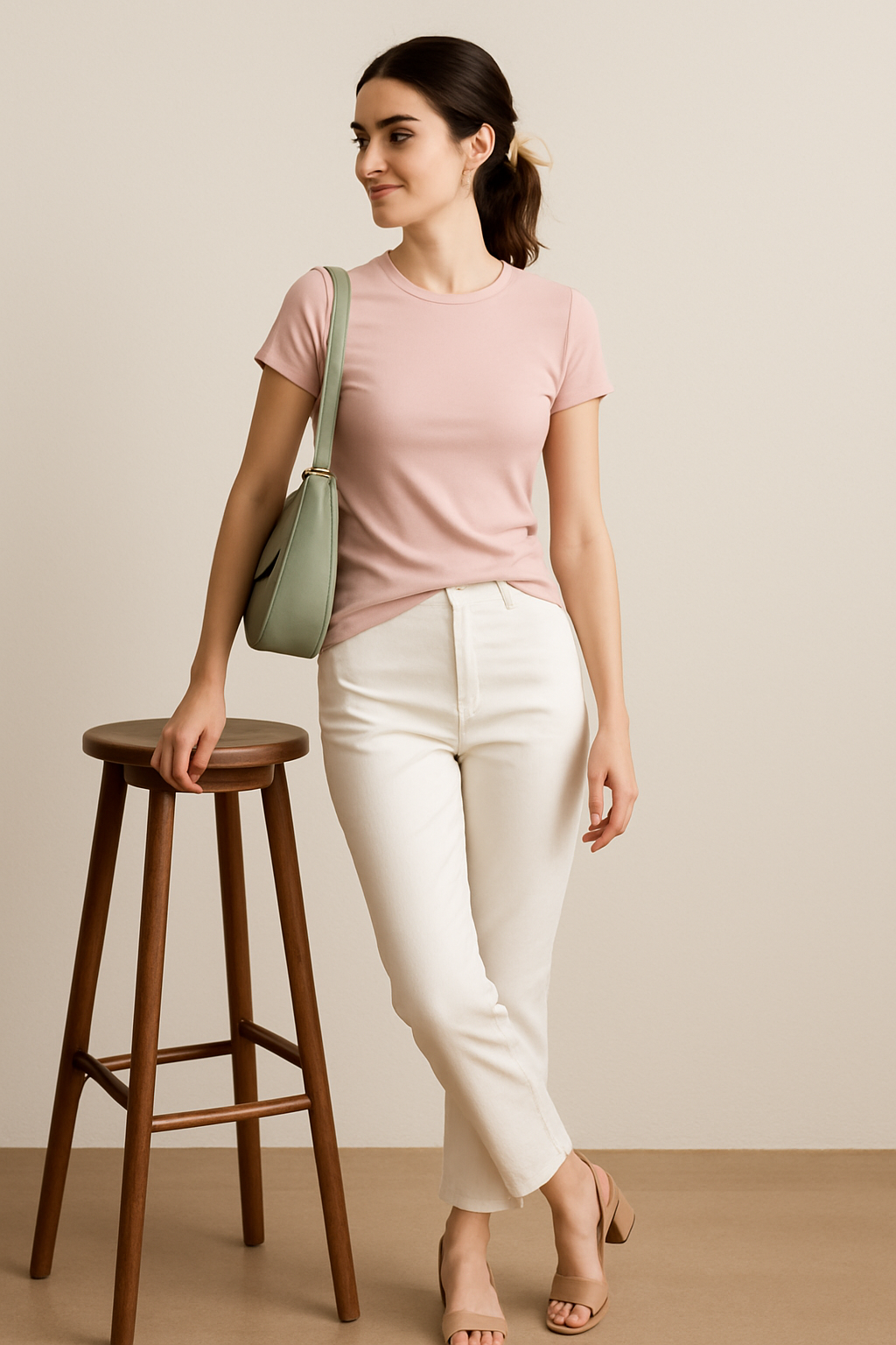 Woman in a pink shirt and white pants standing next to a wooden stool against a beige background