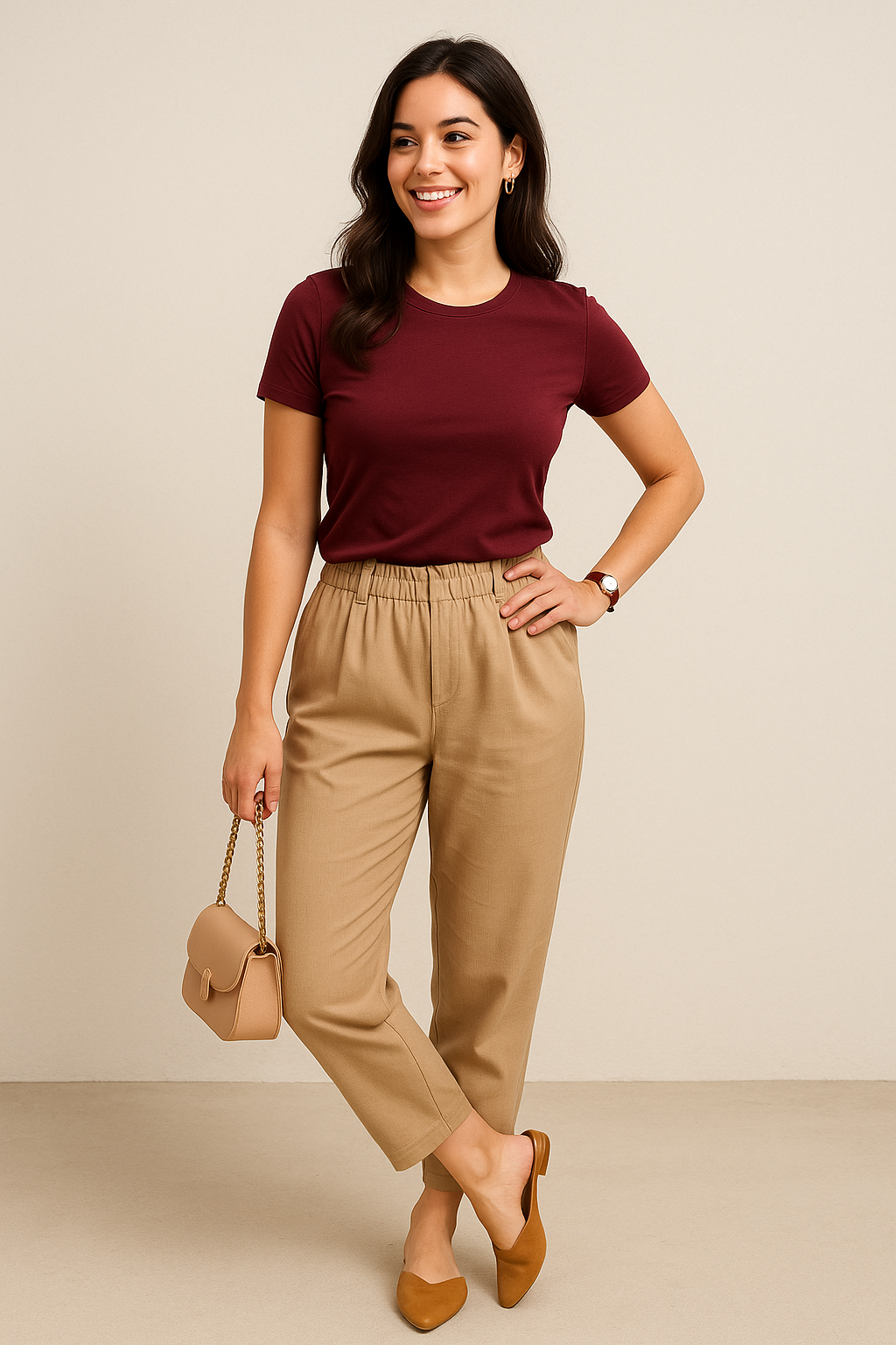 Woman wearing a burgundy t-shirt and beige pants, holding a beige handbag on a beige background