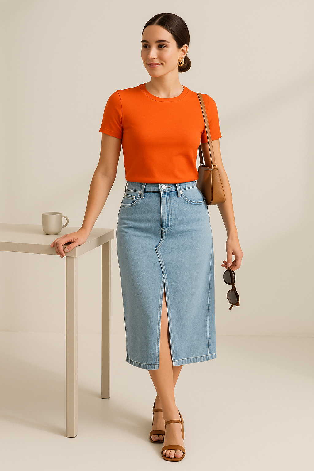 Woman wearing an orange top and blue denim skirt standing near a table with a beige background