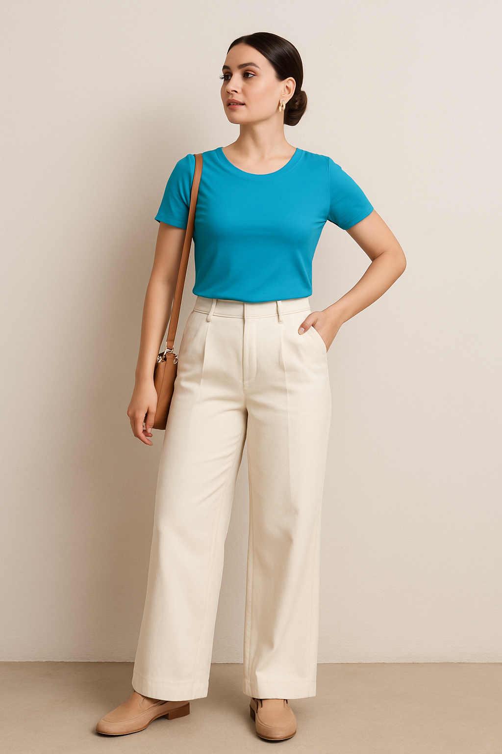 Woman wearing a blue shirt and white pants against a beige background