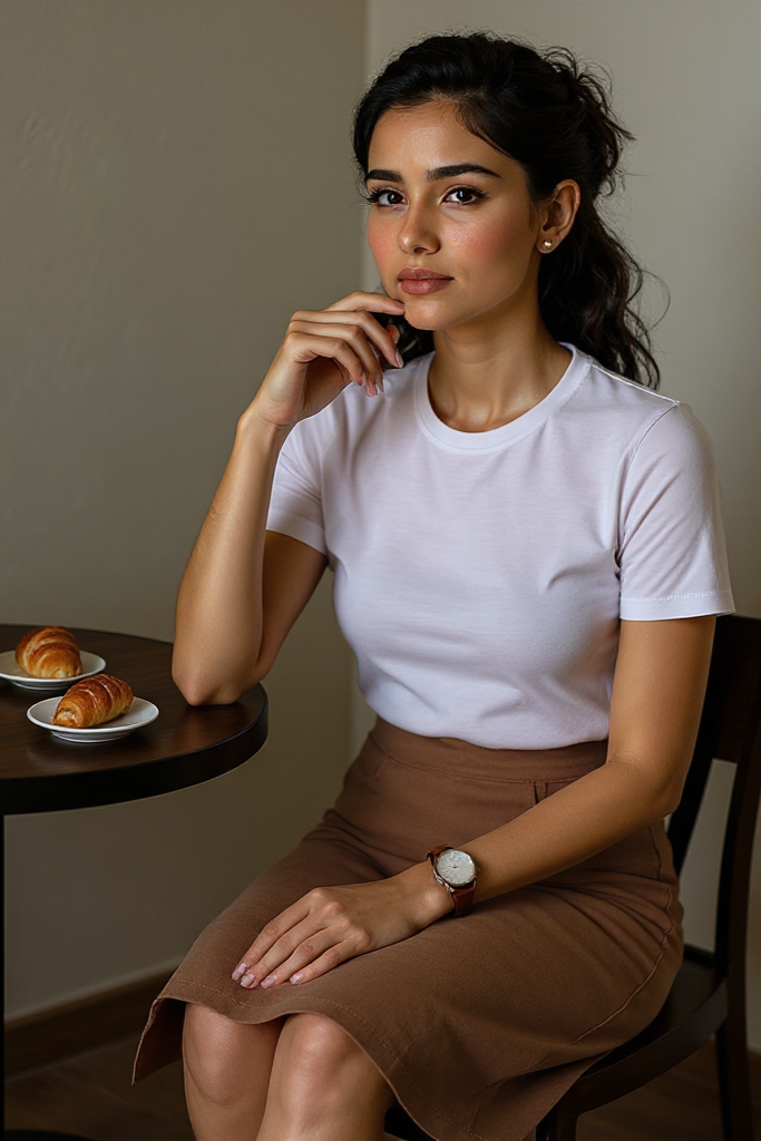 Woman sitting at a table with a cup of coffee and pastries, wearing a white t-shirt and brown skirt.