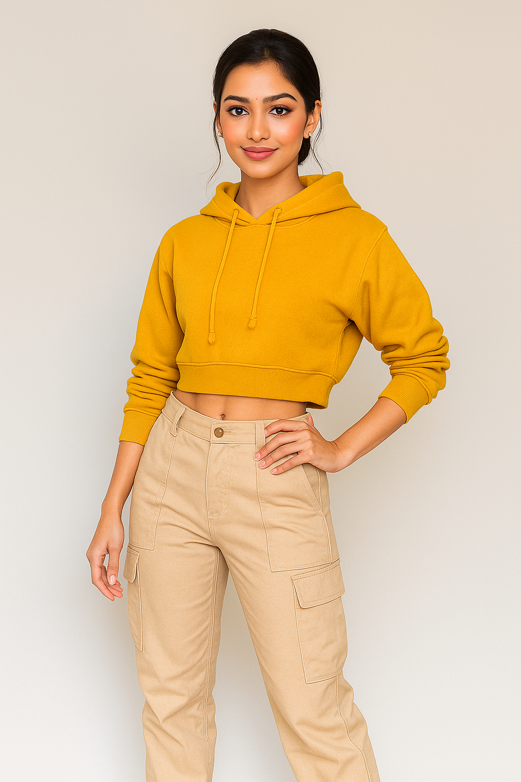 Woman wearing a mustard yellow hoodie and beige pants against a plain background