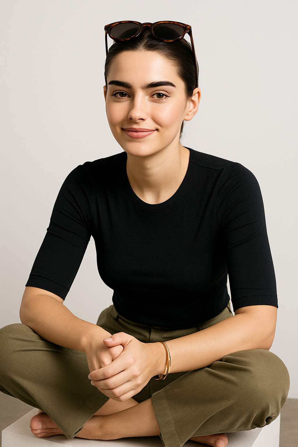 Woman sitting cross-legged on a white surface wearing a black top and green pants.