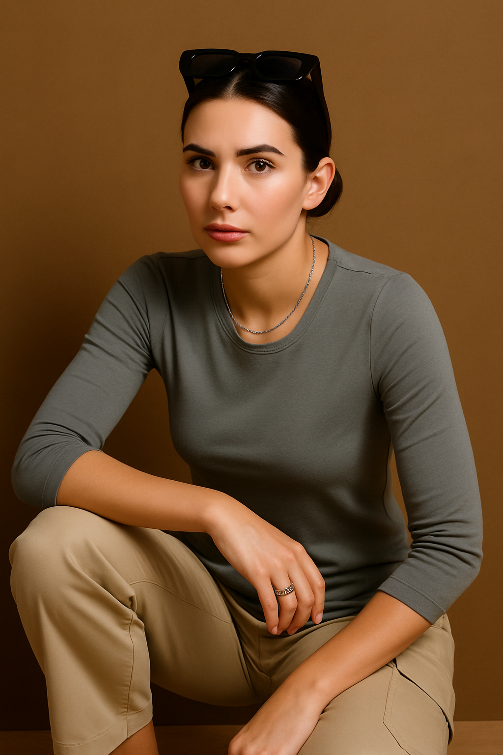 Woman wearing a gray long-sleeve top and beige pants against a brown background