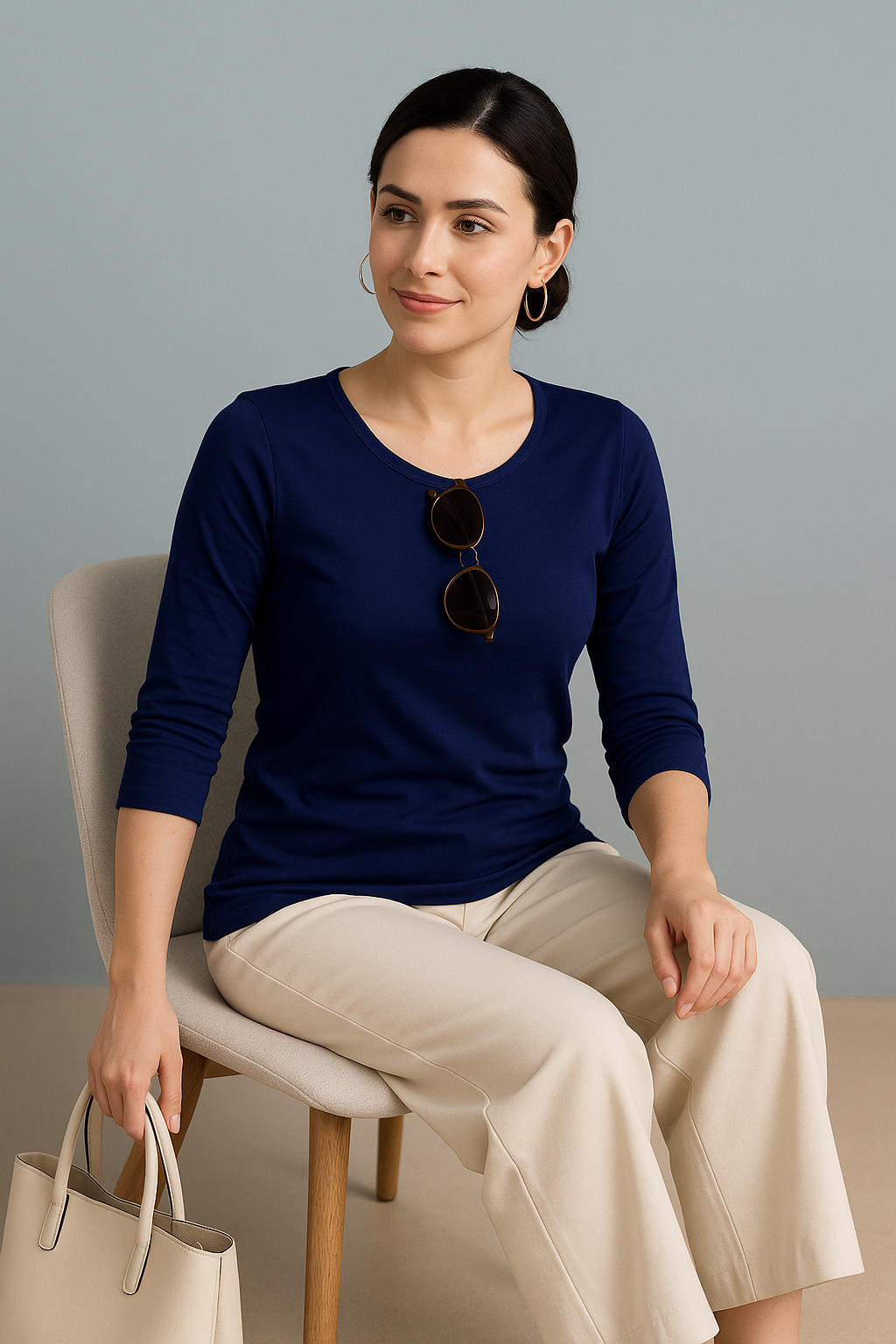 Woman sitting on a chair wearing a blue top and beige pants, holding a beige handbag.