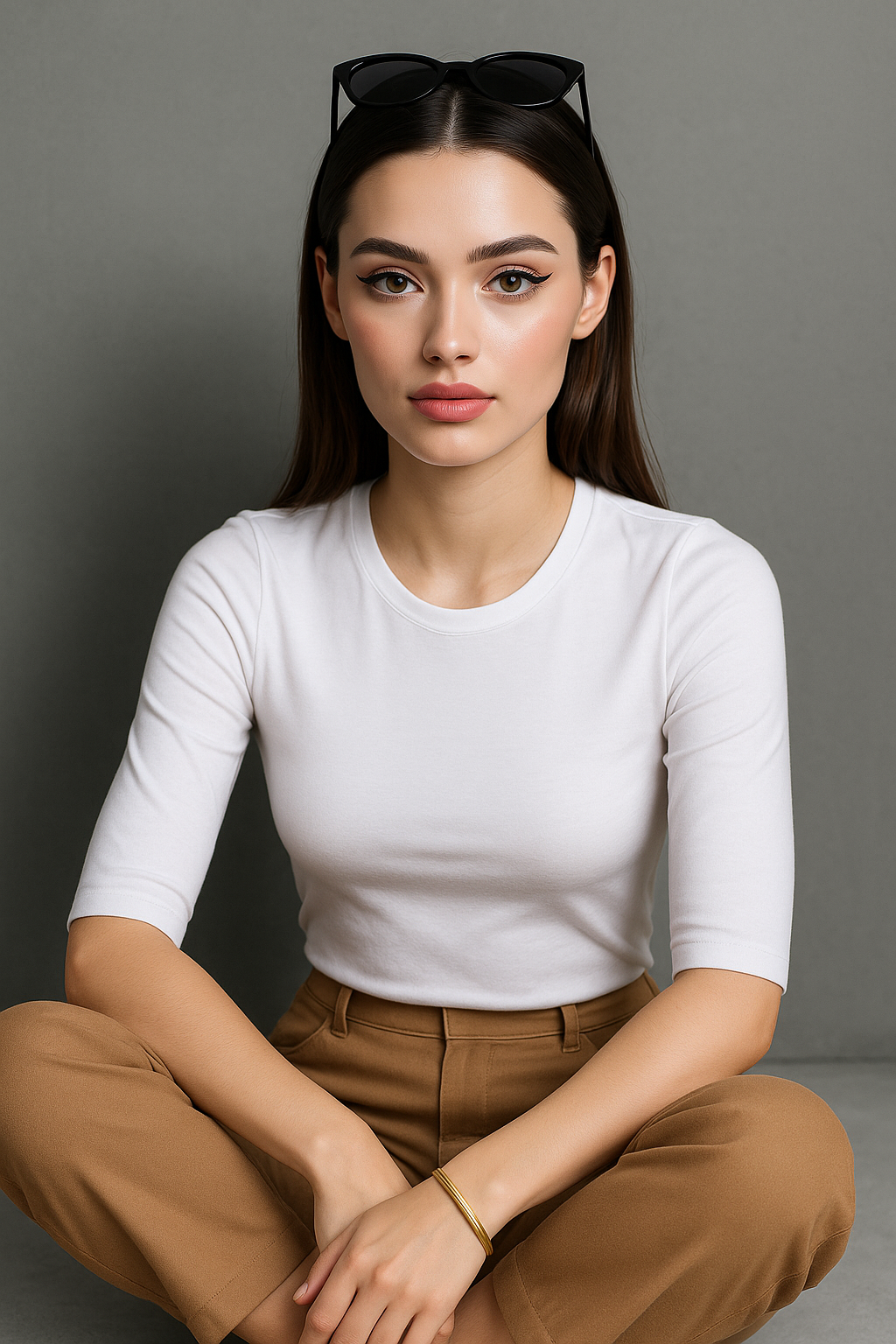 Woman wearing a white shirt and brown pants sitting against a gray background