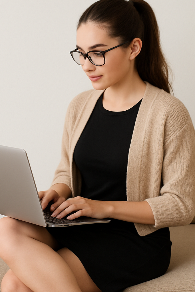 Woman sitting on a couch using a laptop with a neutral background