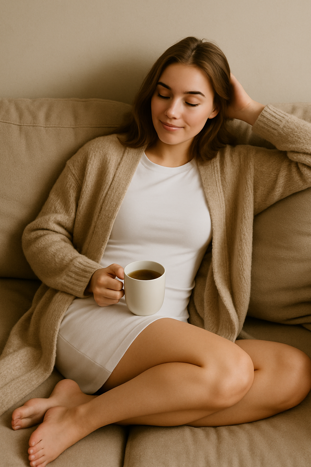 Woman sitting on a couch holding a mug, wearing a beige cardigan over a white top.