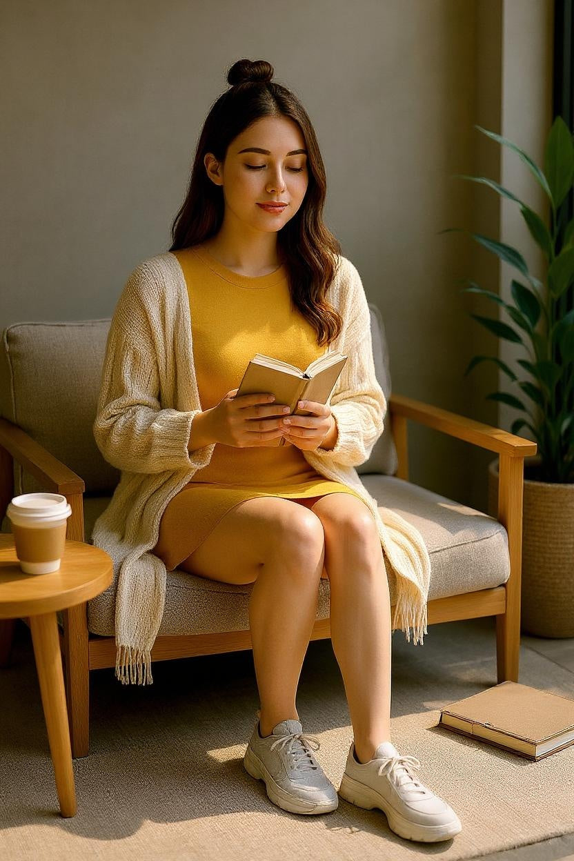 Woman reading a book in a cozy living room setting