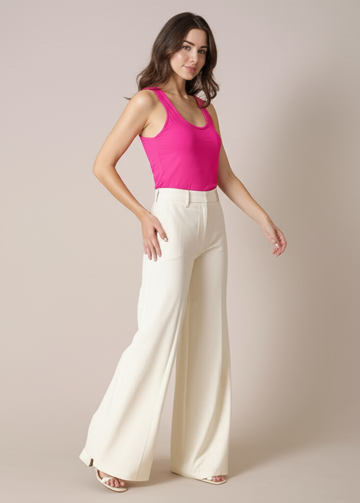 Woman wearing a bright pink top and white wide-leg pants on a plain background
