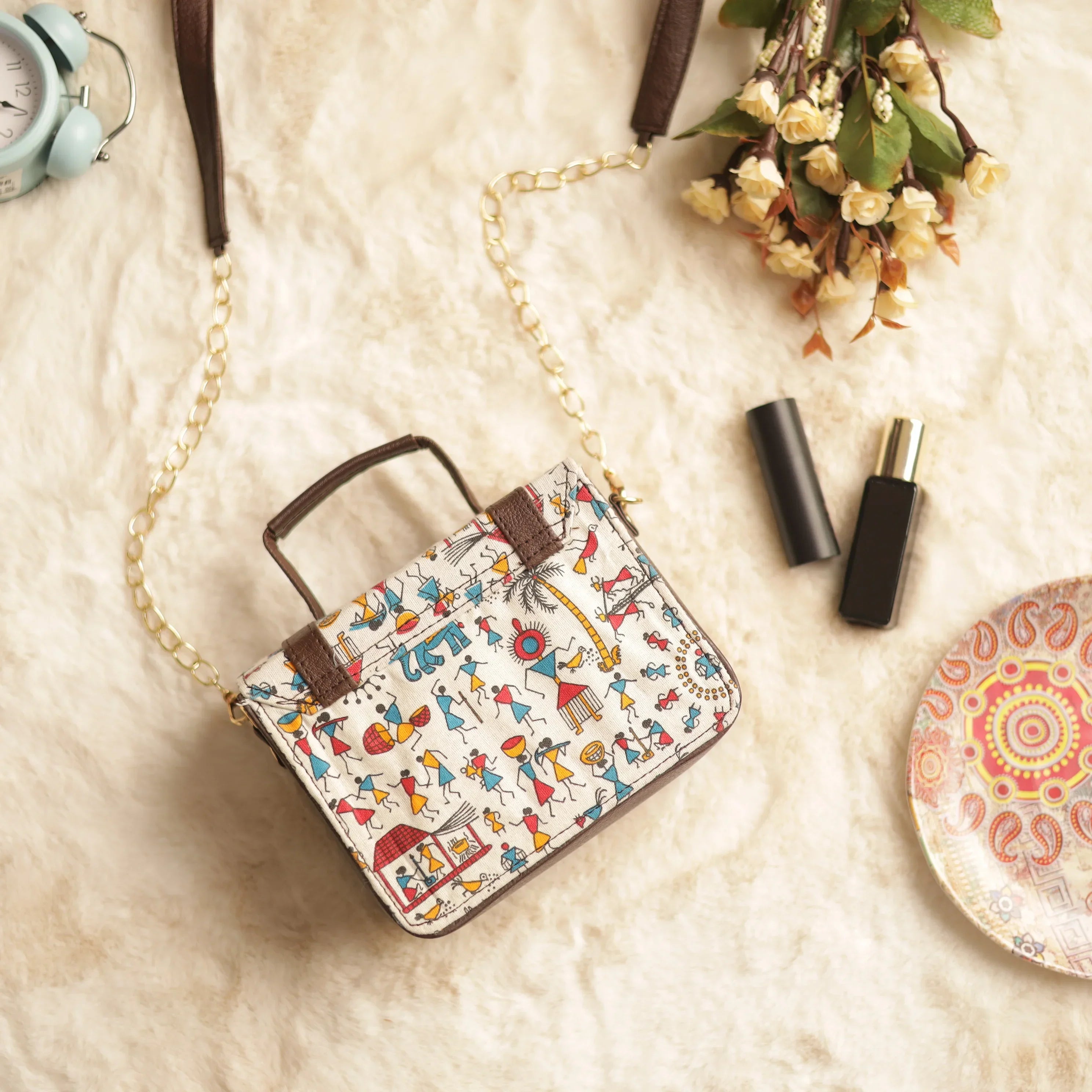 Ikat Warli Art Printed Boxy Minibag