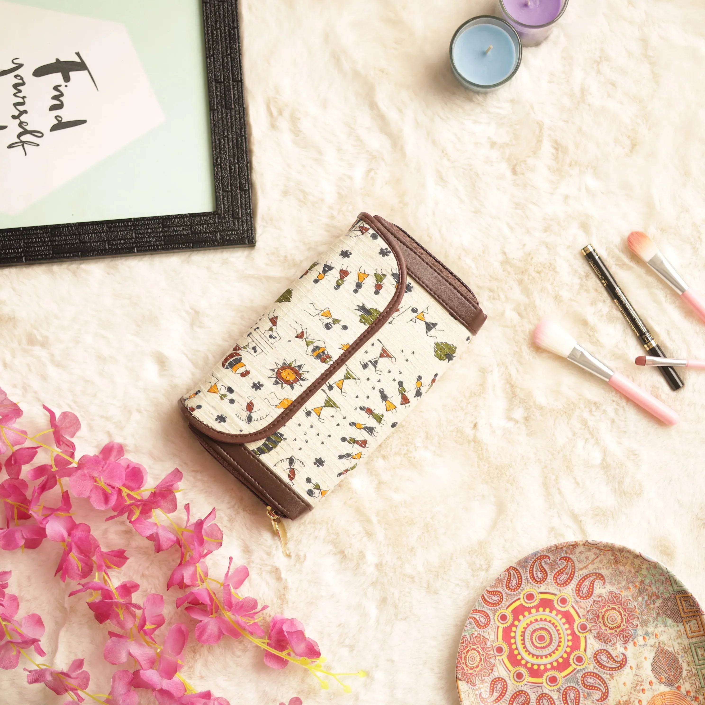 White Ikat Warli Art Printed Clutch