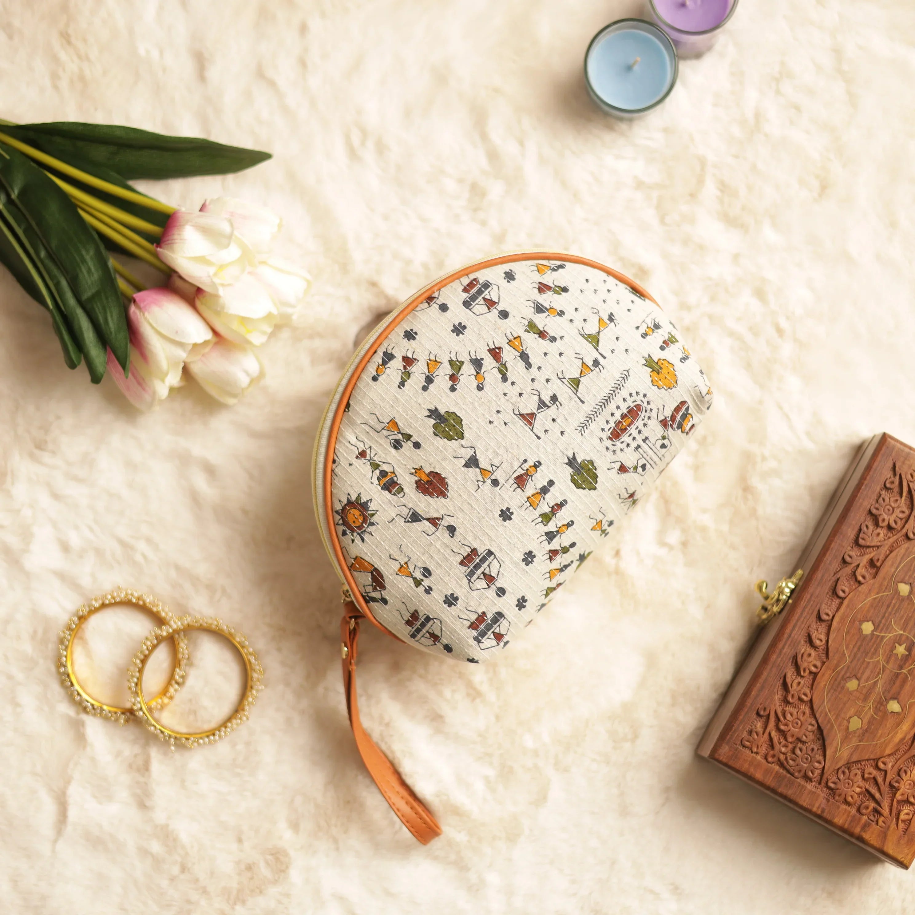 White Ikat Warli Art Printed Wristlet Bag