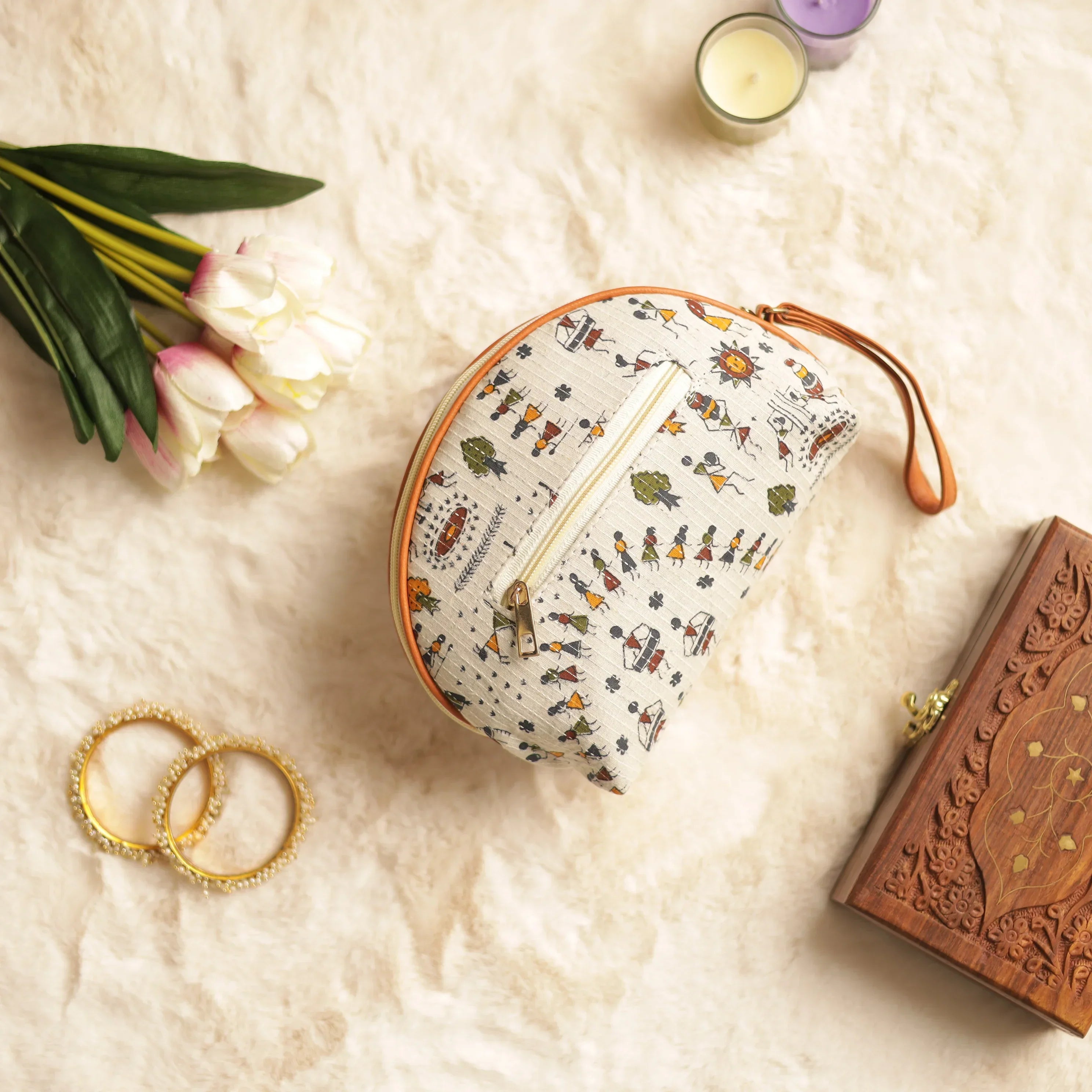 White Ikat Warli Art Printed Wristlet Bag