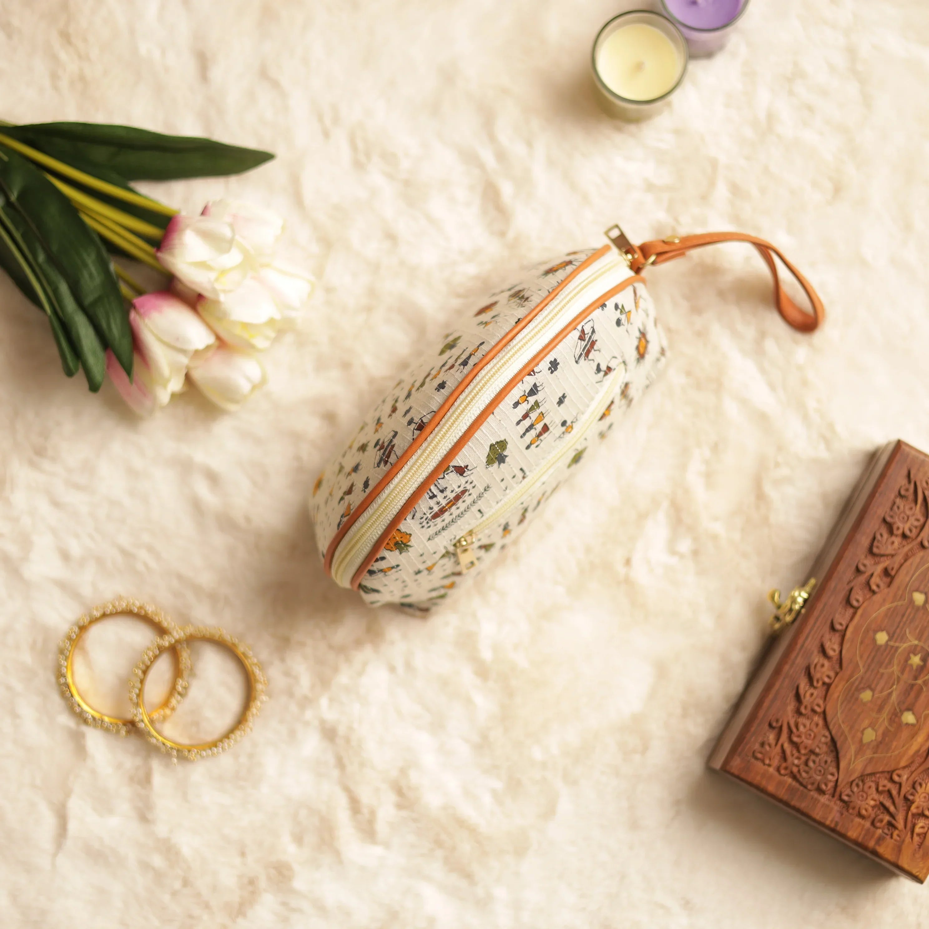 White Ikat Warli Art Printed Wristlet Bag