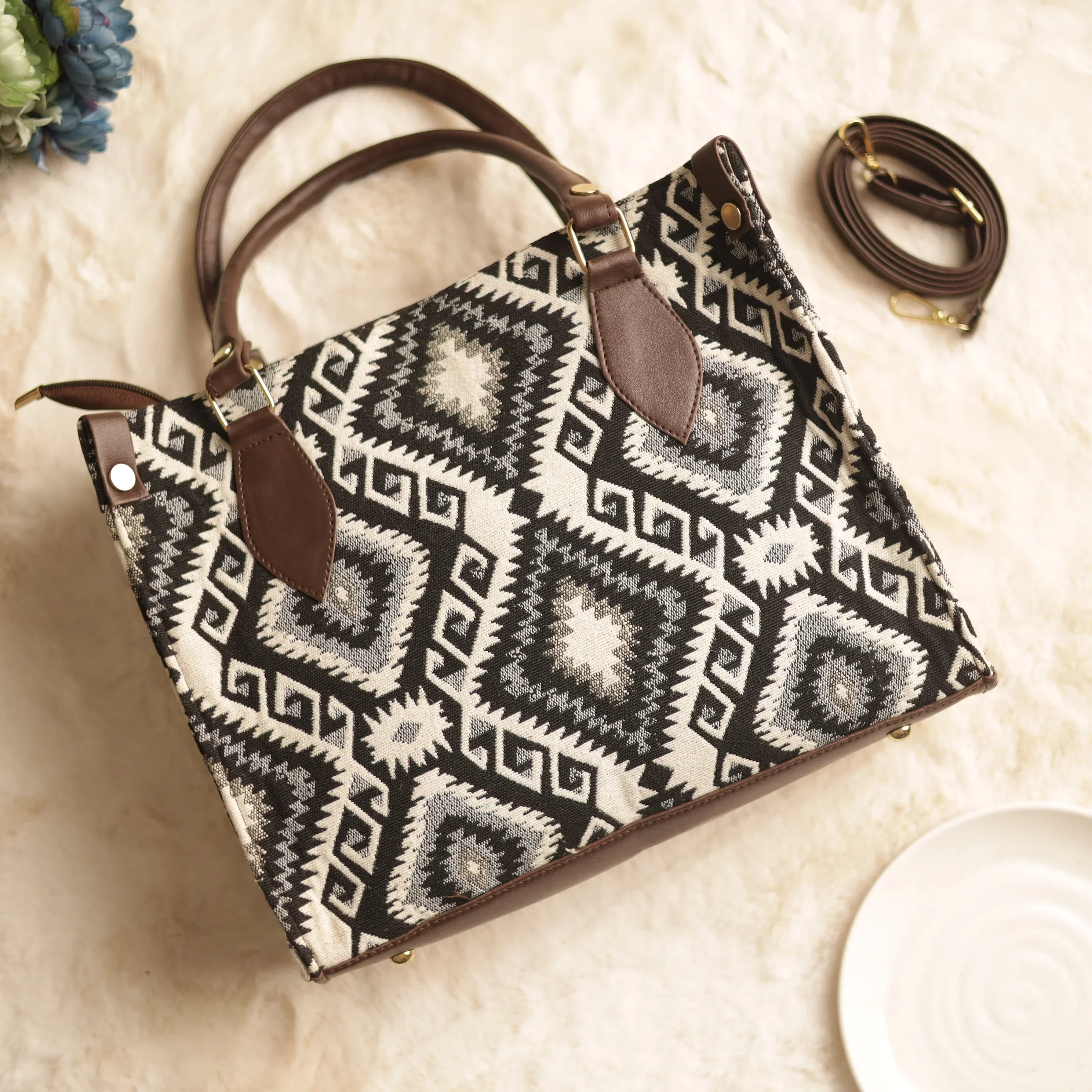 Jacquard Aztec Black and White Tote Bag
