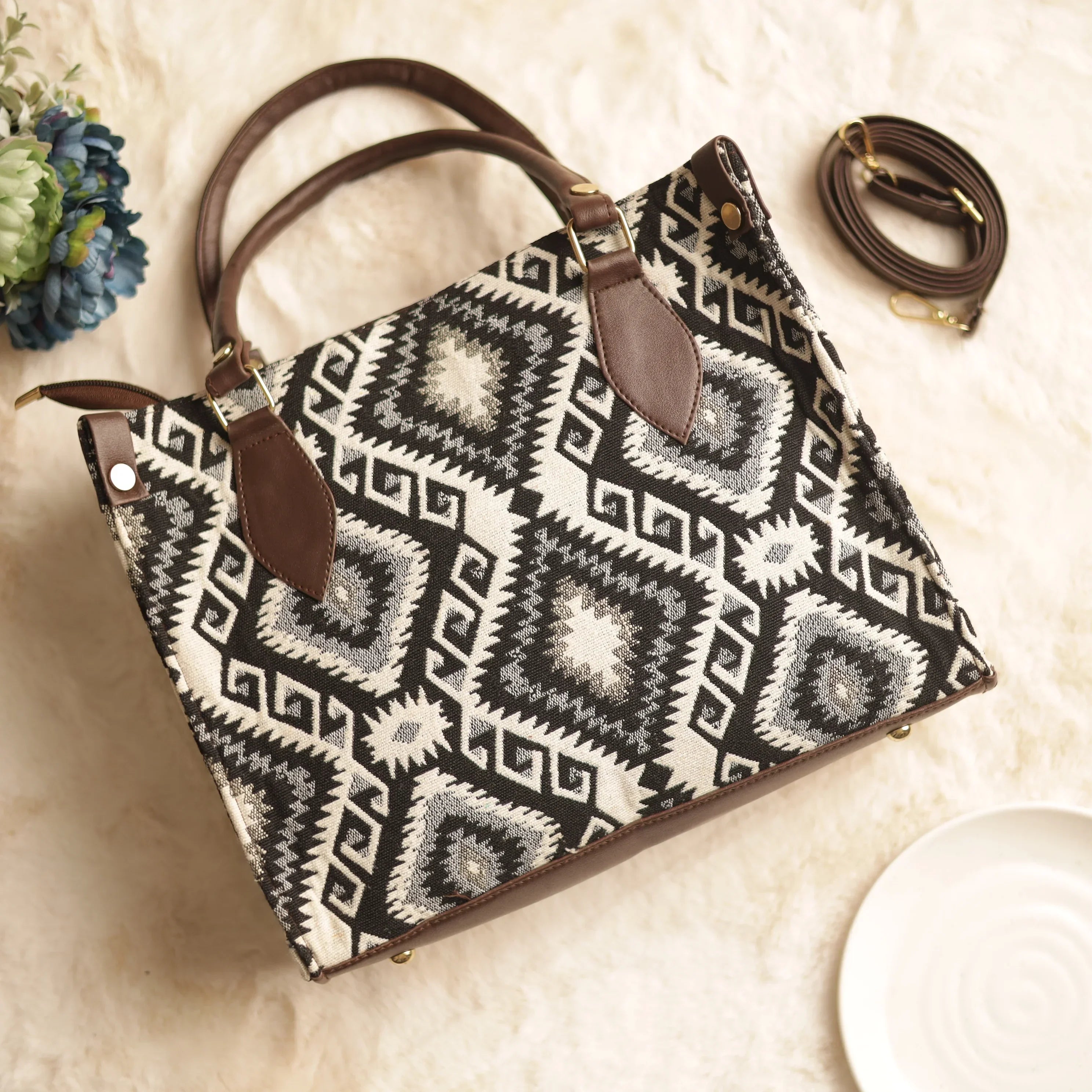 Jacquard Aztec Black and White Tote Bag