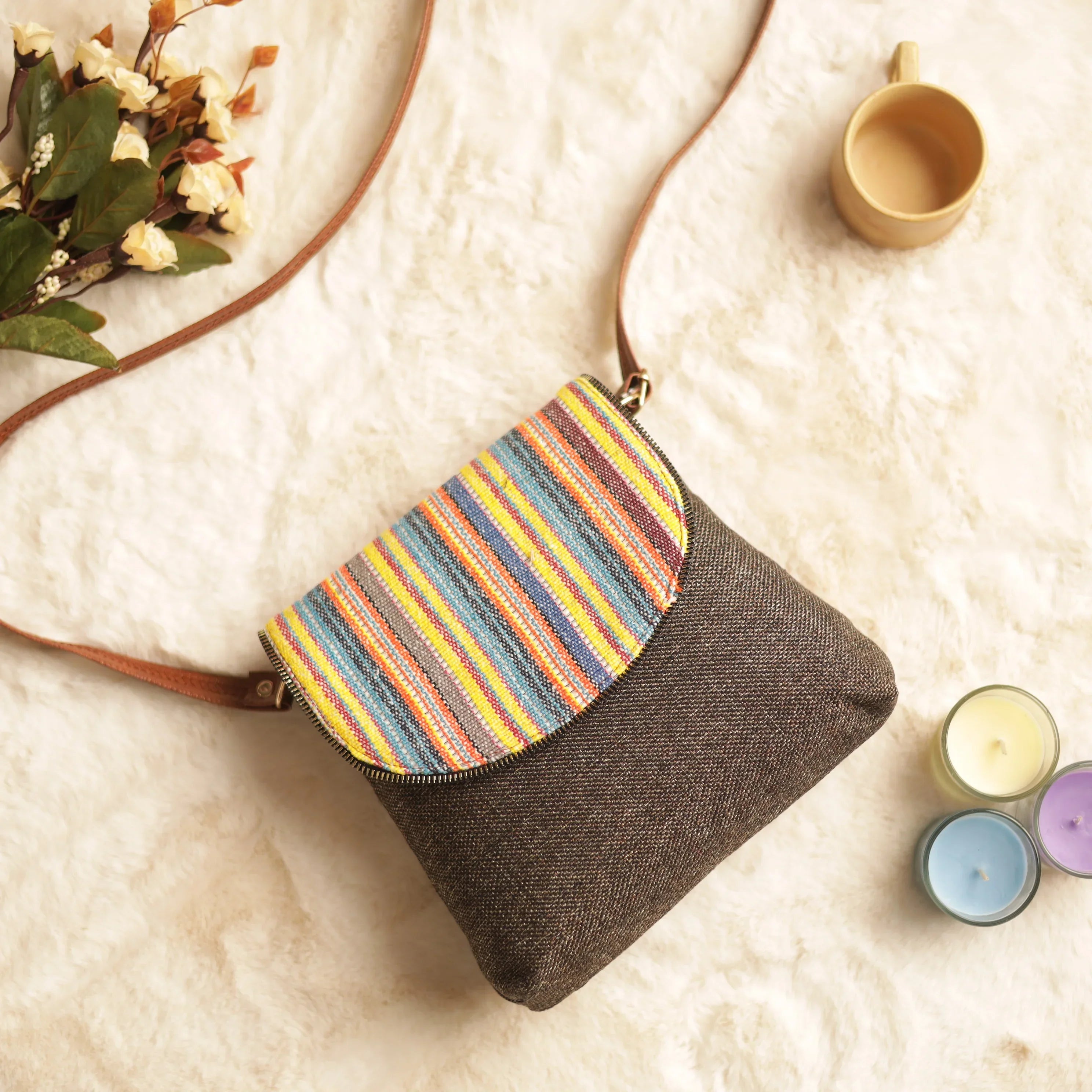 Jacquard Brown Multicolor Flap Sling Bag