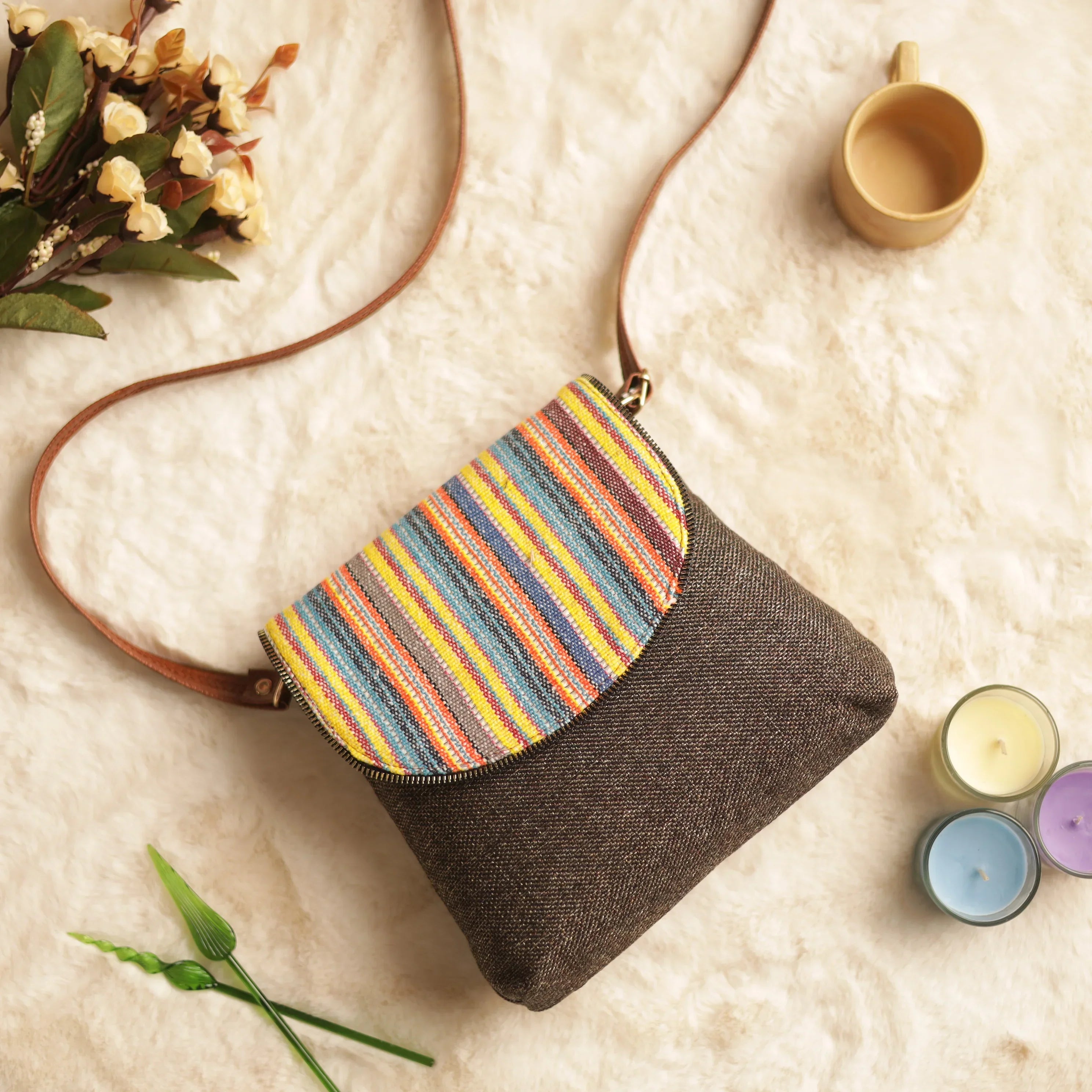 Jacquard Brown Multicolor Flap Sling Bag