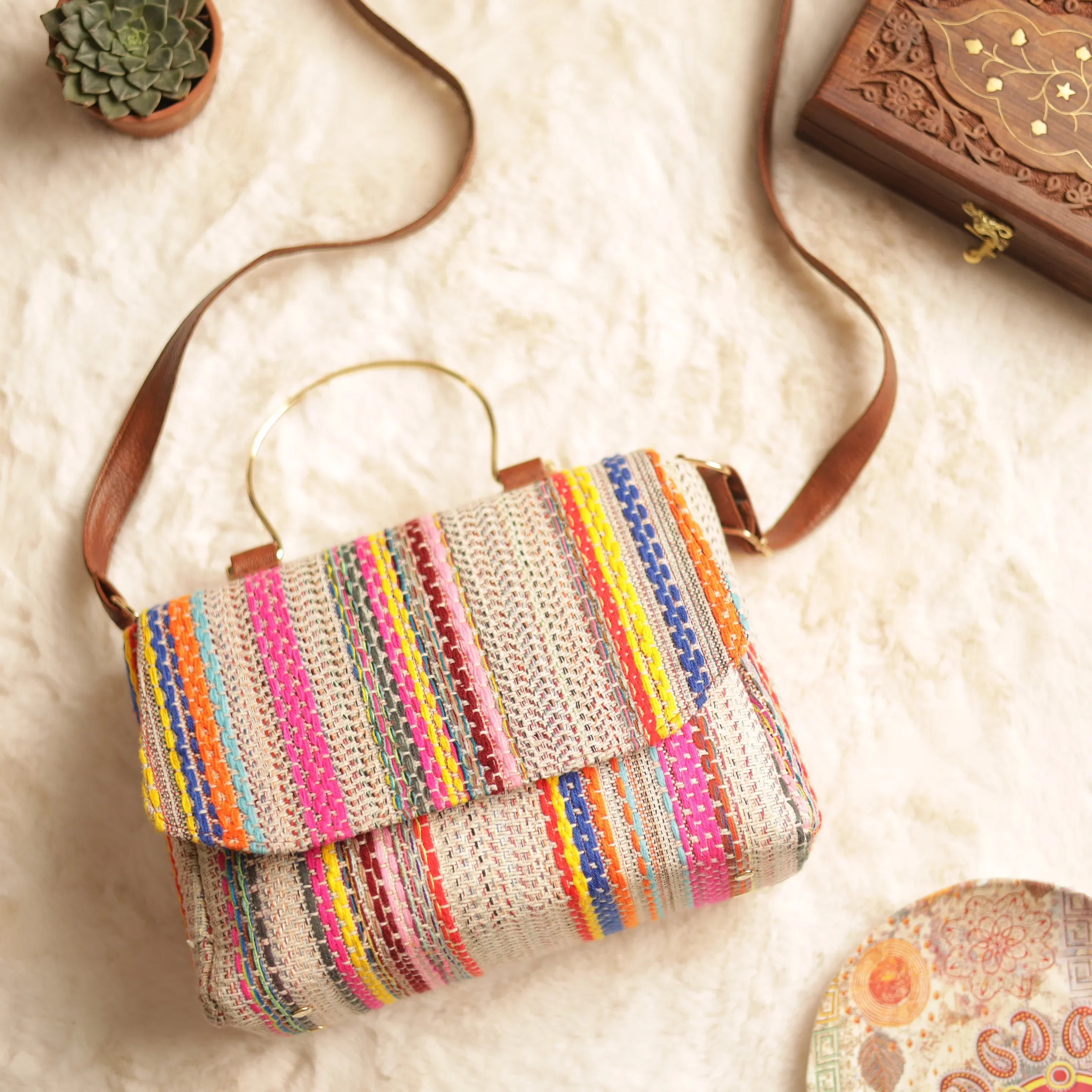 Pink Jacquard Multicolor Strip Hand Bag