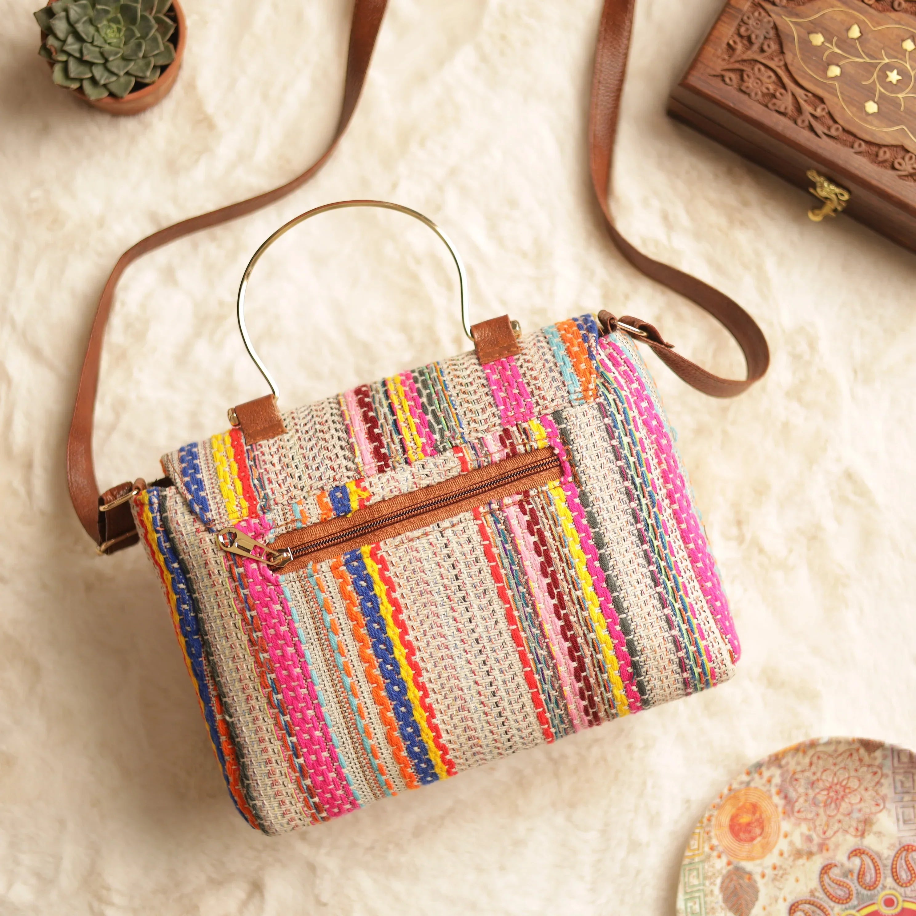 Pink Jacquard Multicolor Strip Hand Bag