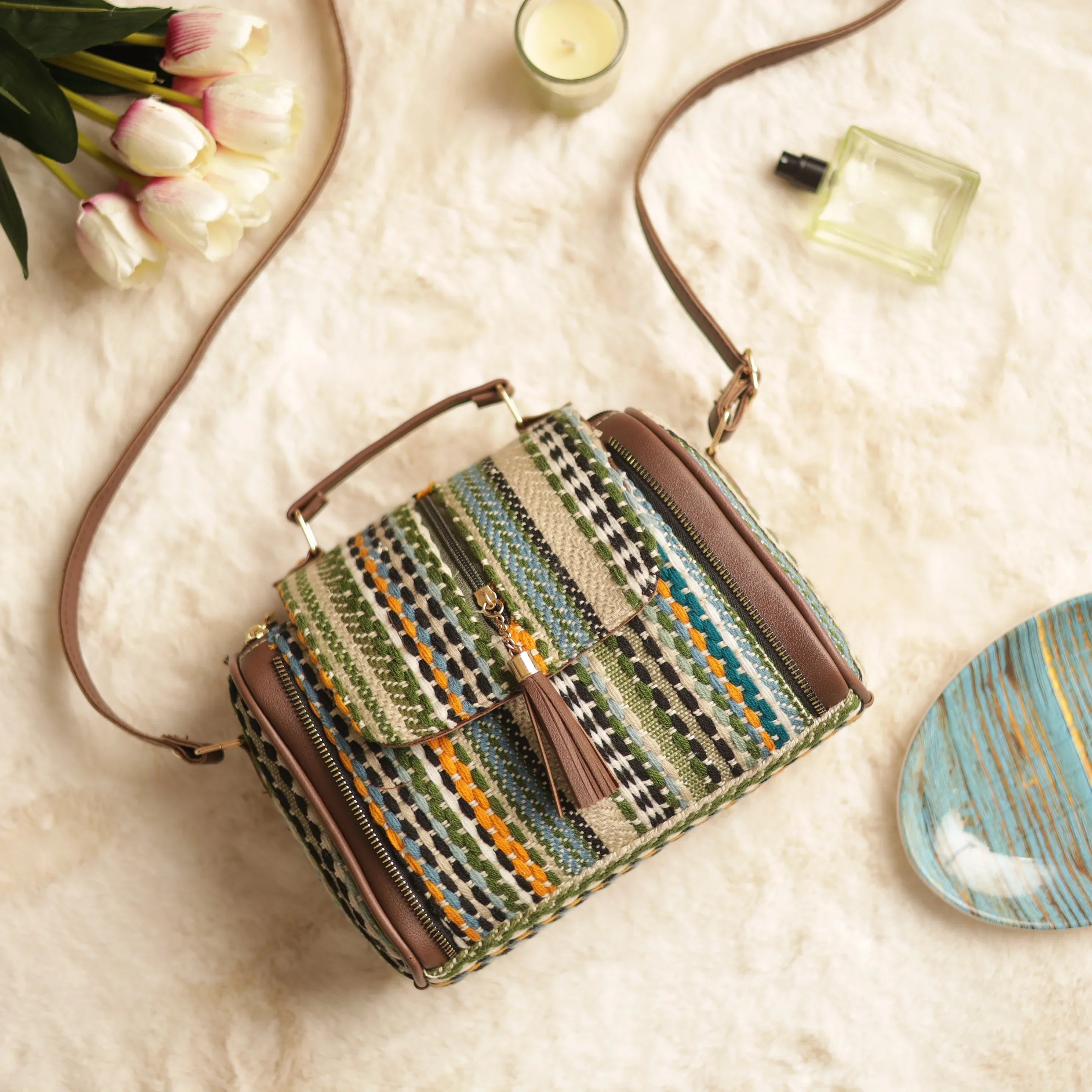 Green Jacquard Multicolor Strip Hand Bag
