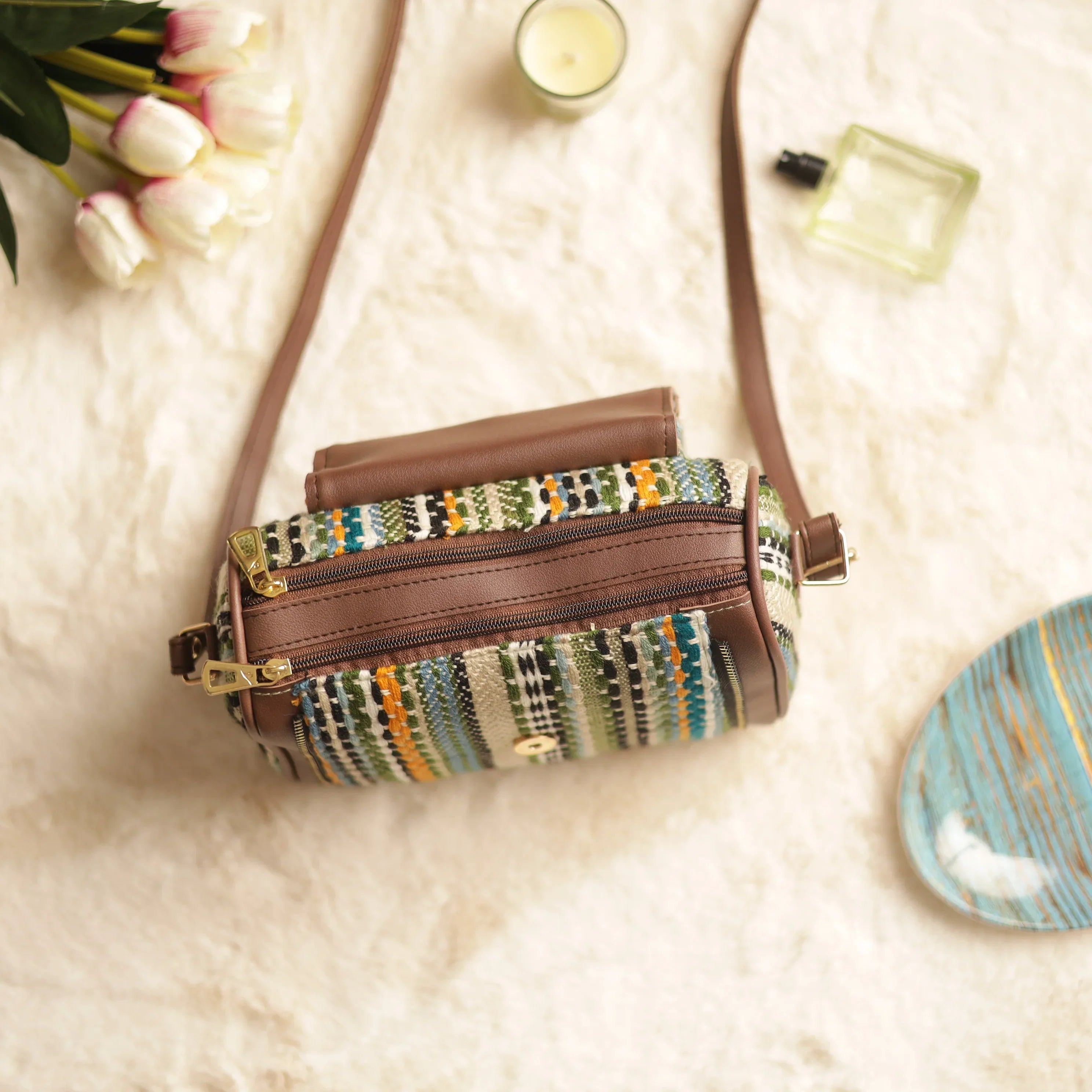 Green Jacquard Multicolor Strip Hand Bag