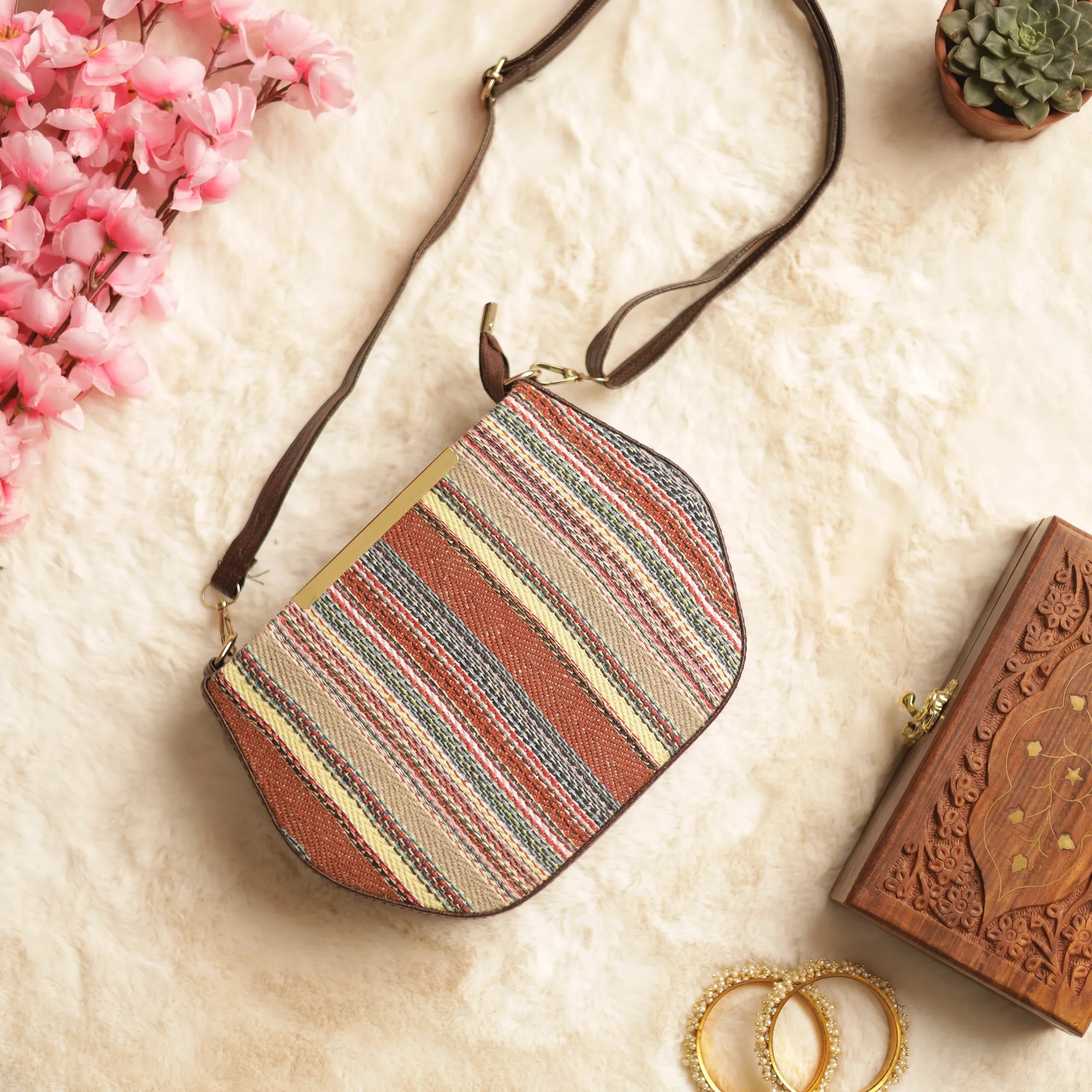 Jacquard Multicolor Strip Boxy Sling Bag