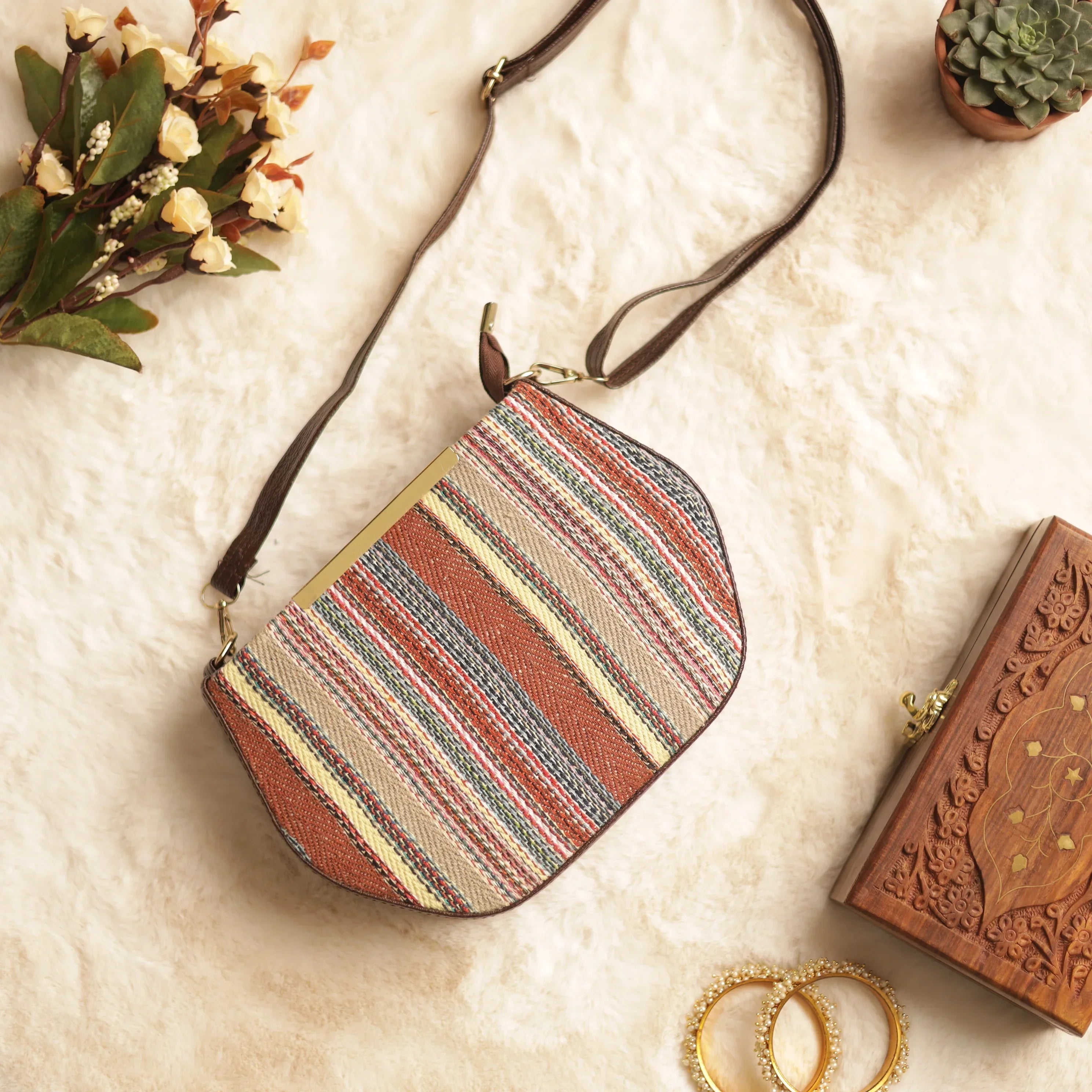 Jacquard Multicolor Strip Boxy Sling Bag