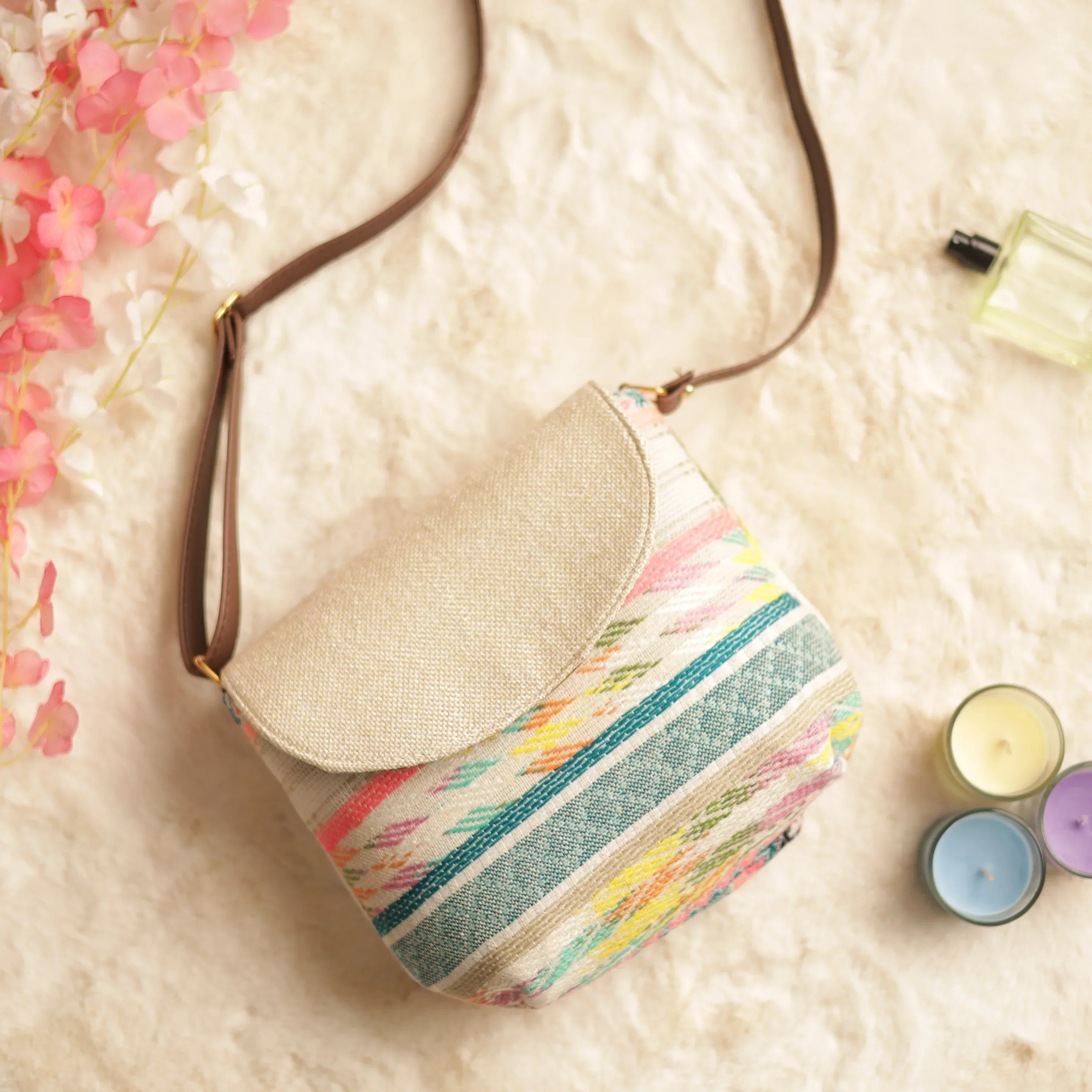 Jacquard Neon Pink Flap Sling Bag