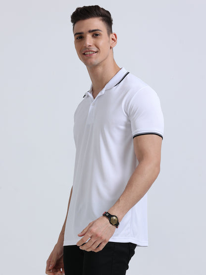 White Polo Regular Fit Solid T-shirt For Men