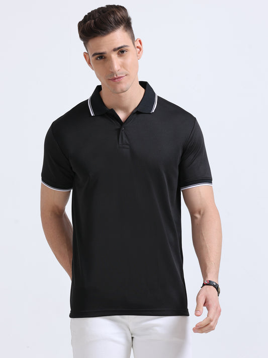 Black Polo Regular Fit Solid T-shirt For Men