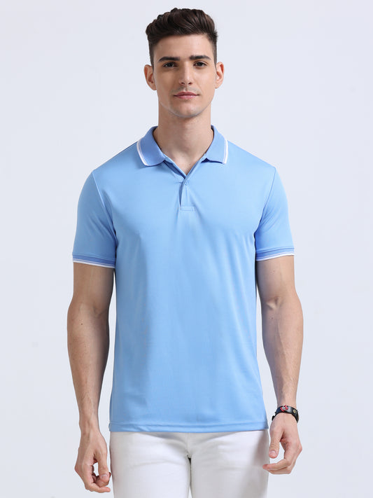 Sky Blue Polo Regular Fit Solid T-shirt For Men