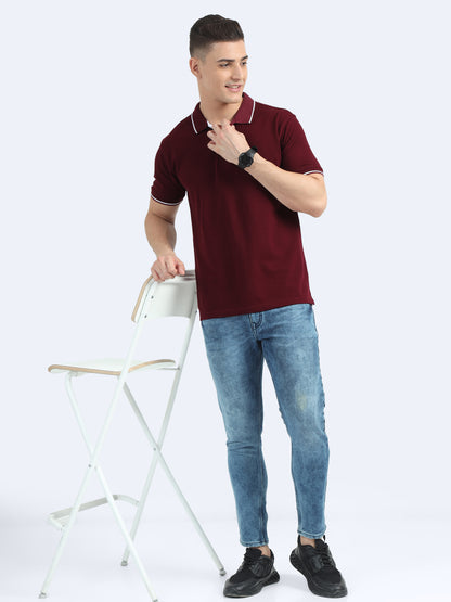 Maroon Premium Cotton Polo Regular Fit Solid T-shirt For Men