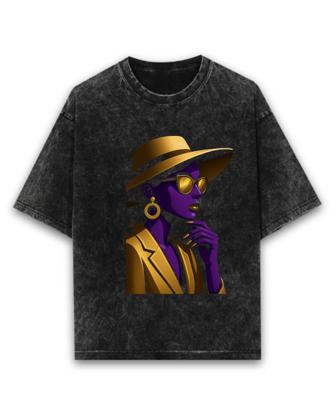 Black t-shirt with a graphic of a person in a gold suit and hat on a white background