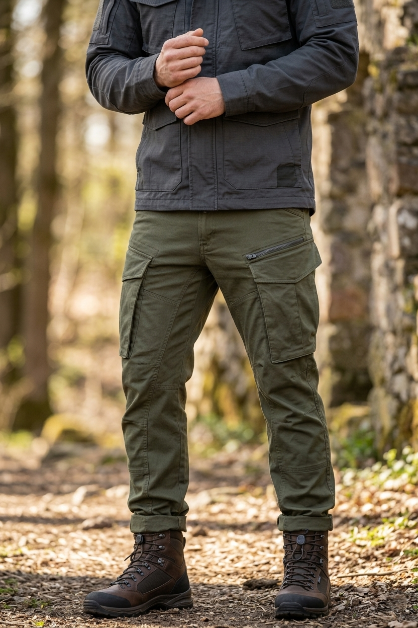 Person wearing a dark jacket and green pants standing in a forest.