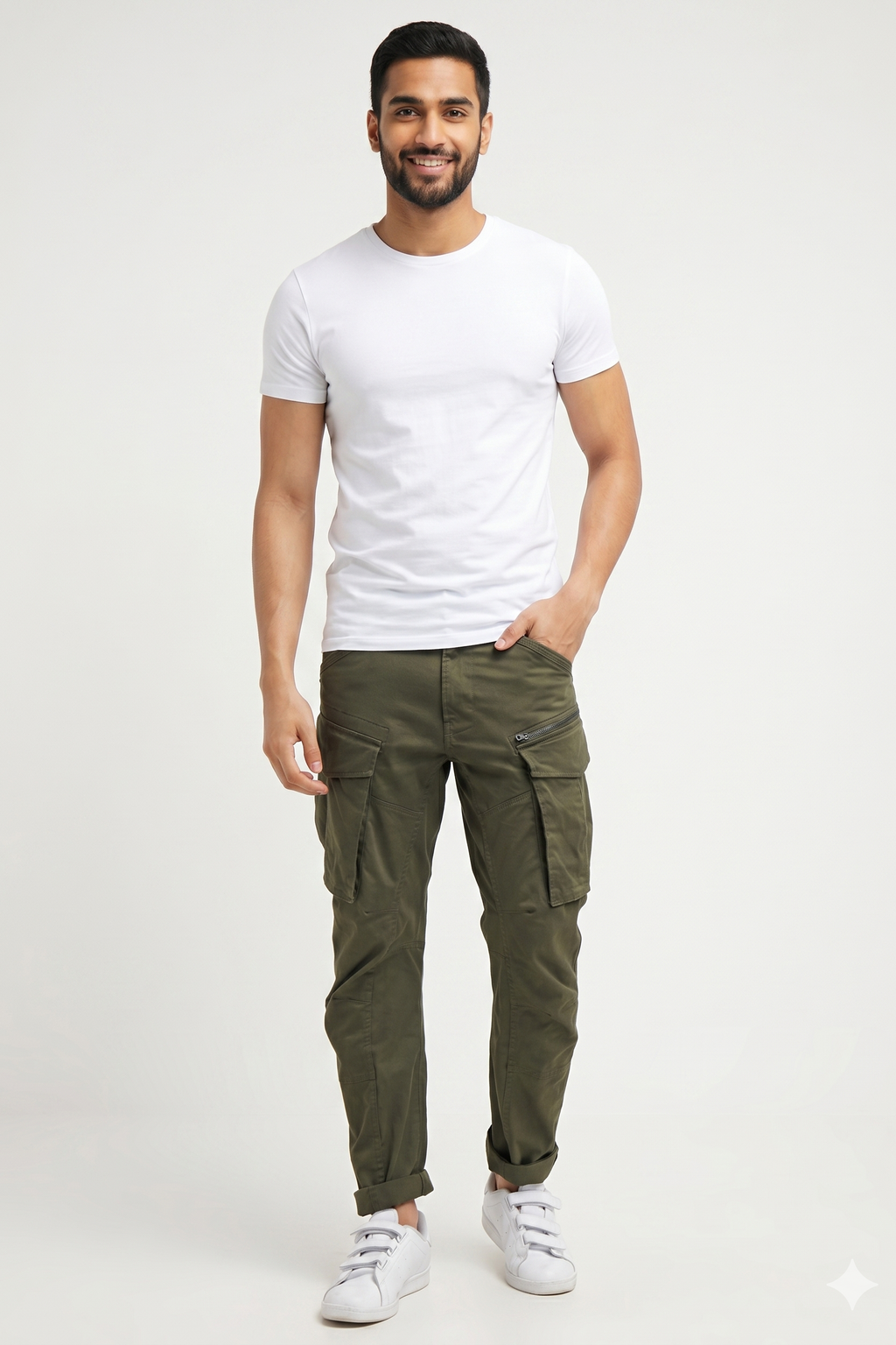 Man wearing a white t-shirt and green cargo pants on a white background