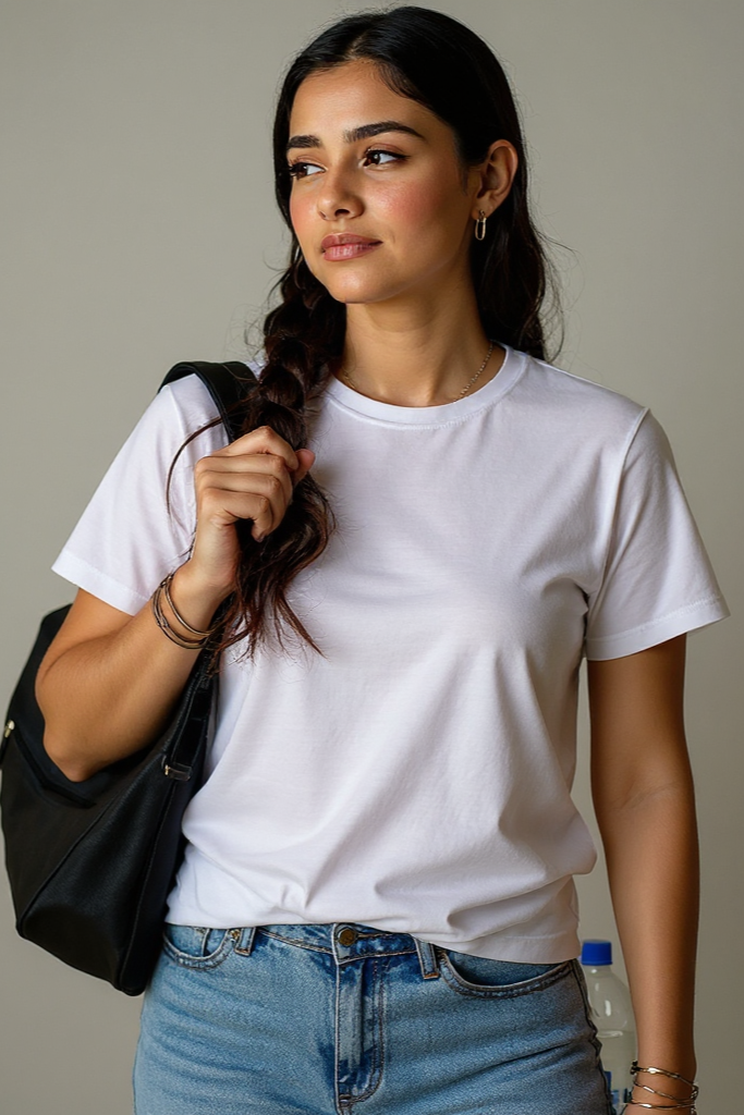 Woman wearing a white t-shirt and blue jeans, holding a black backpack against a neutral background