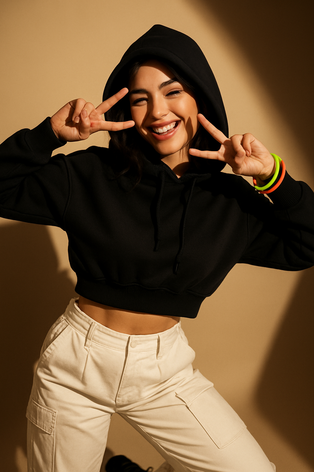 Person wearing a black hoodie and beige pants making peace signs with their hands against a beige background