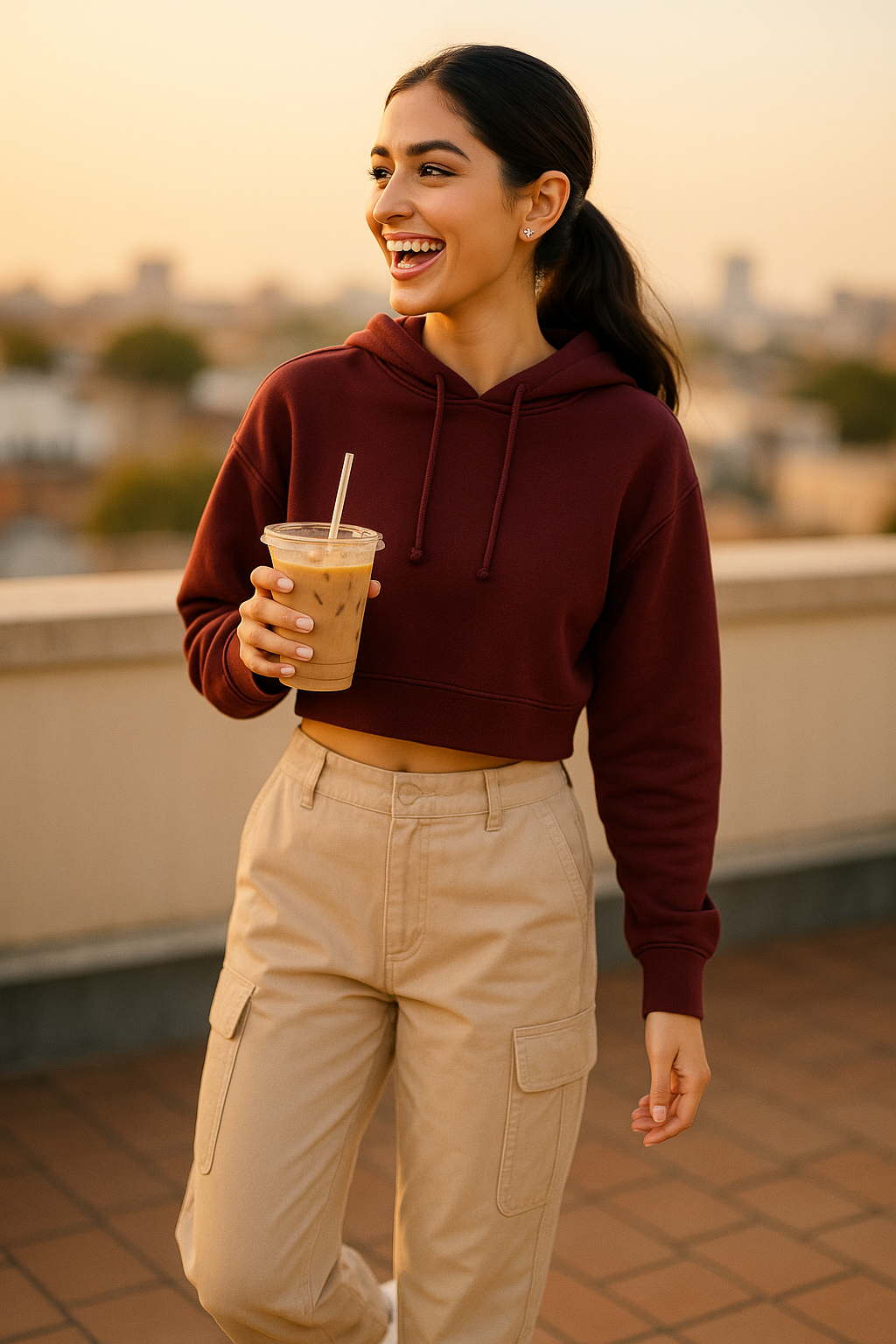 Woman in maroon hoodie and beige pants holding a drink on a rooftop with a cityscape background