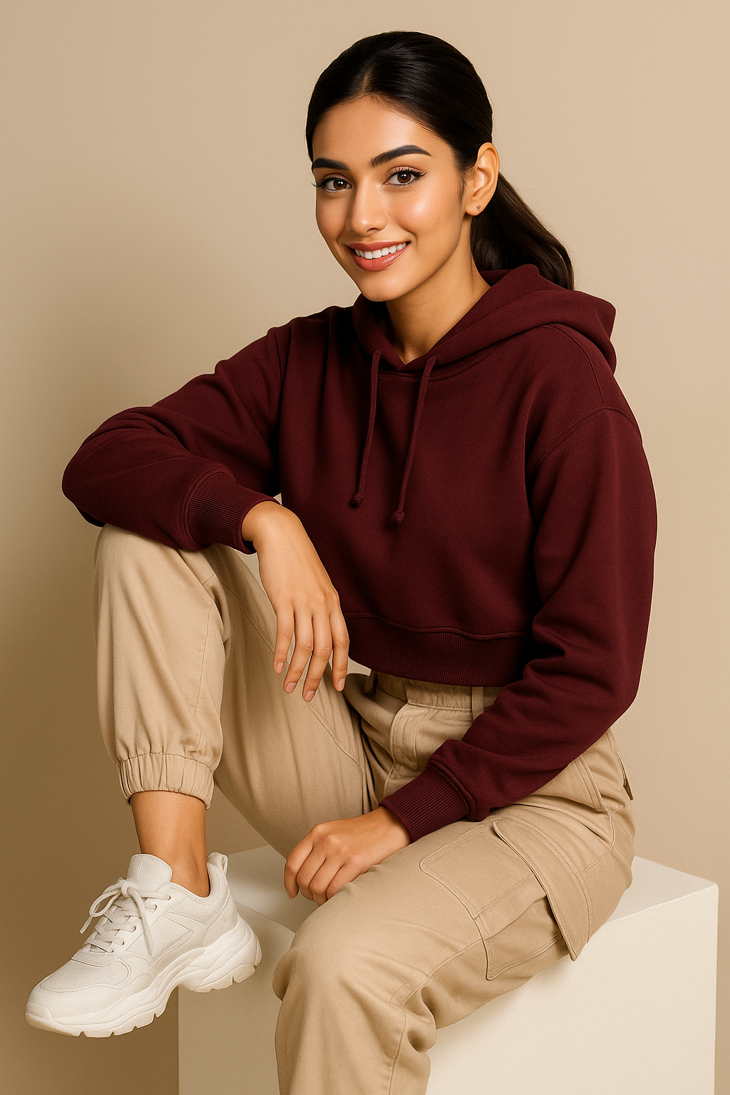 Woman wearing a burgundy hoodie and beige pants sitting on a white surface with a beige background